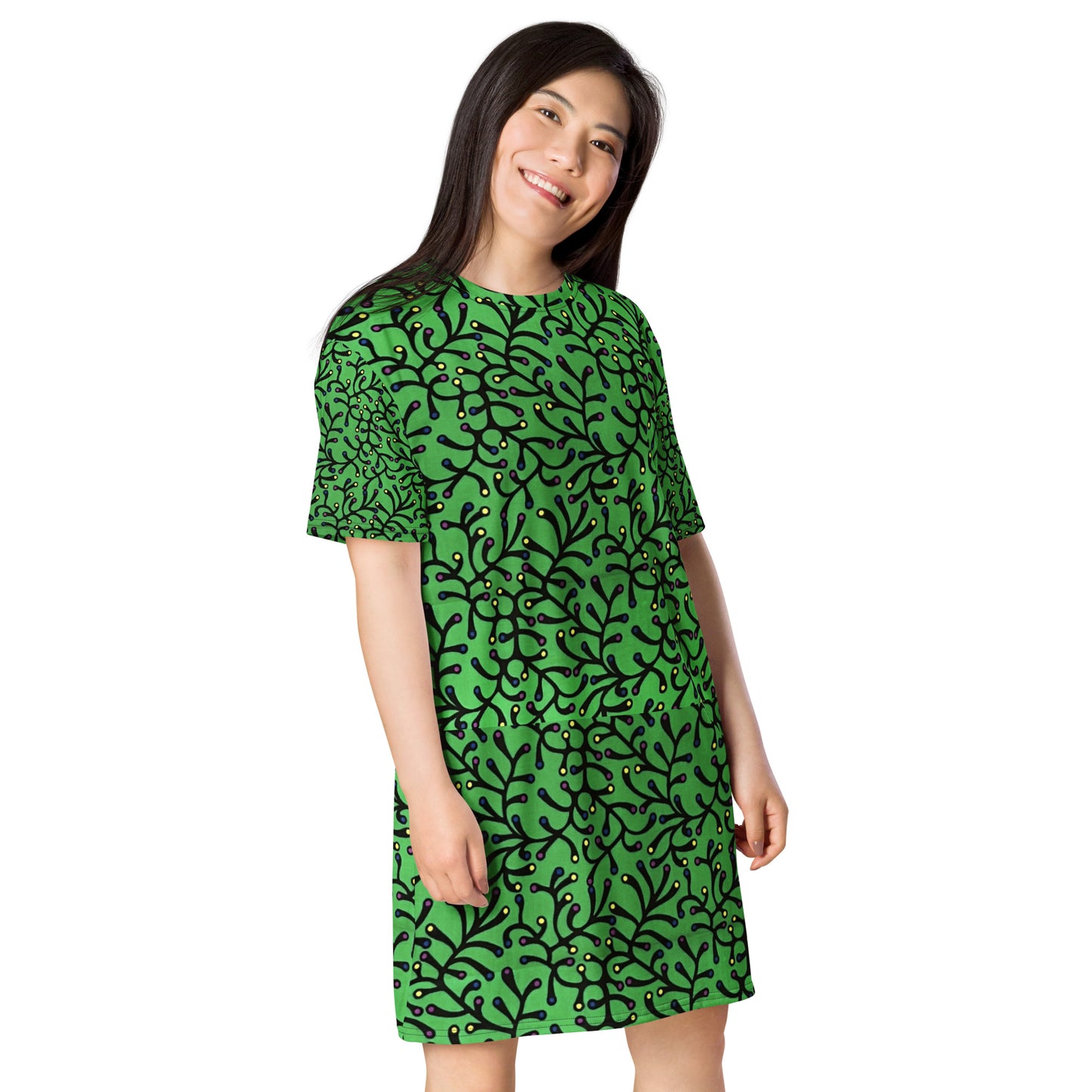 Vibrant Green And Yellow Polka Dots African Print Ankara T-shirt dress