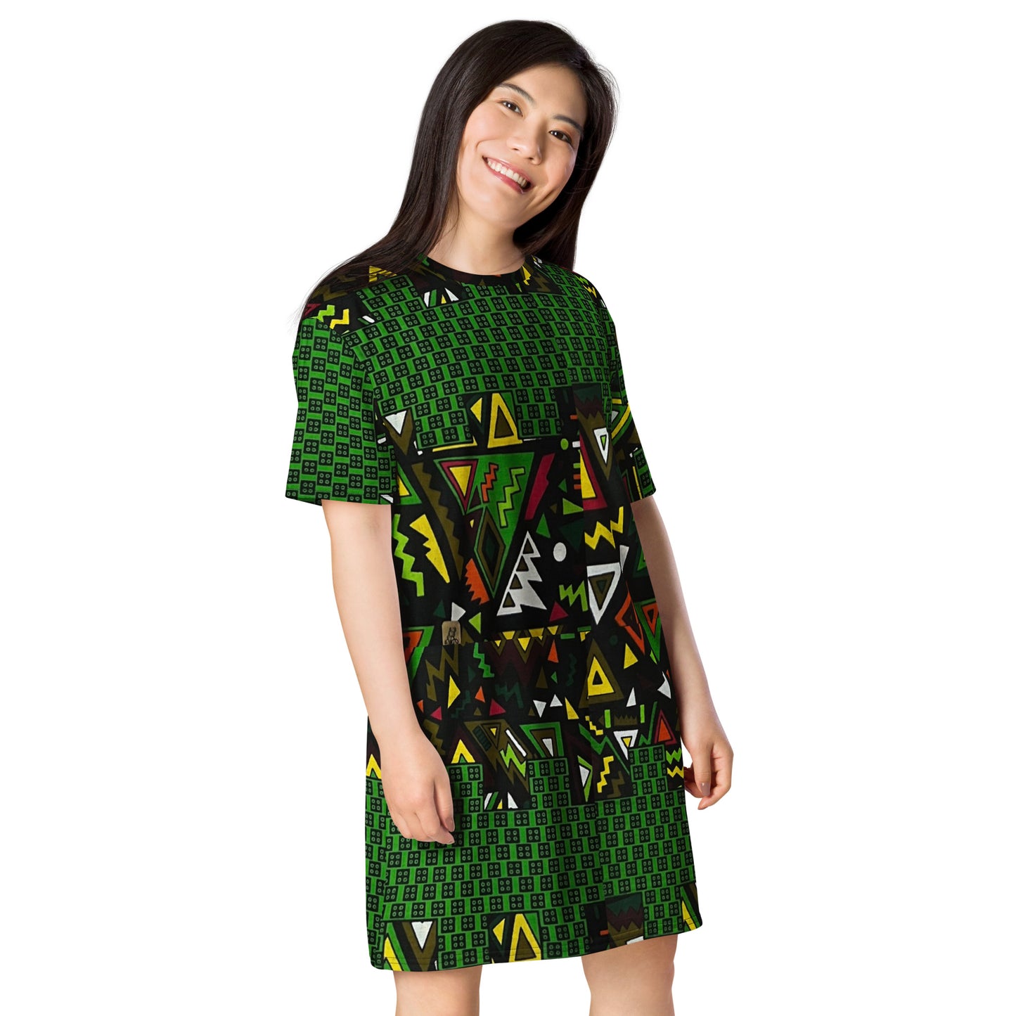 Vibrant Multicolour Green Black Yellow Red Ethnic Ankara T-shirt Dress