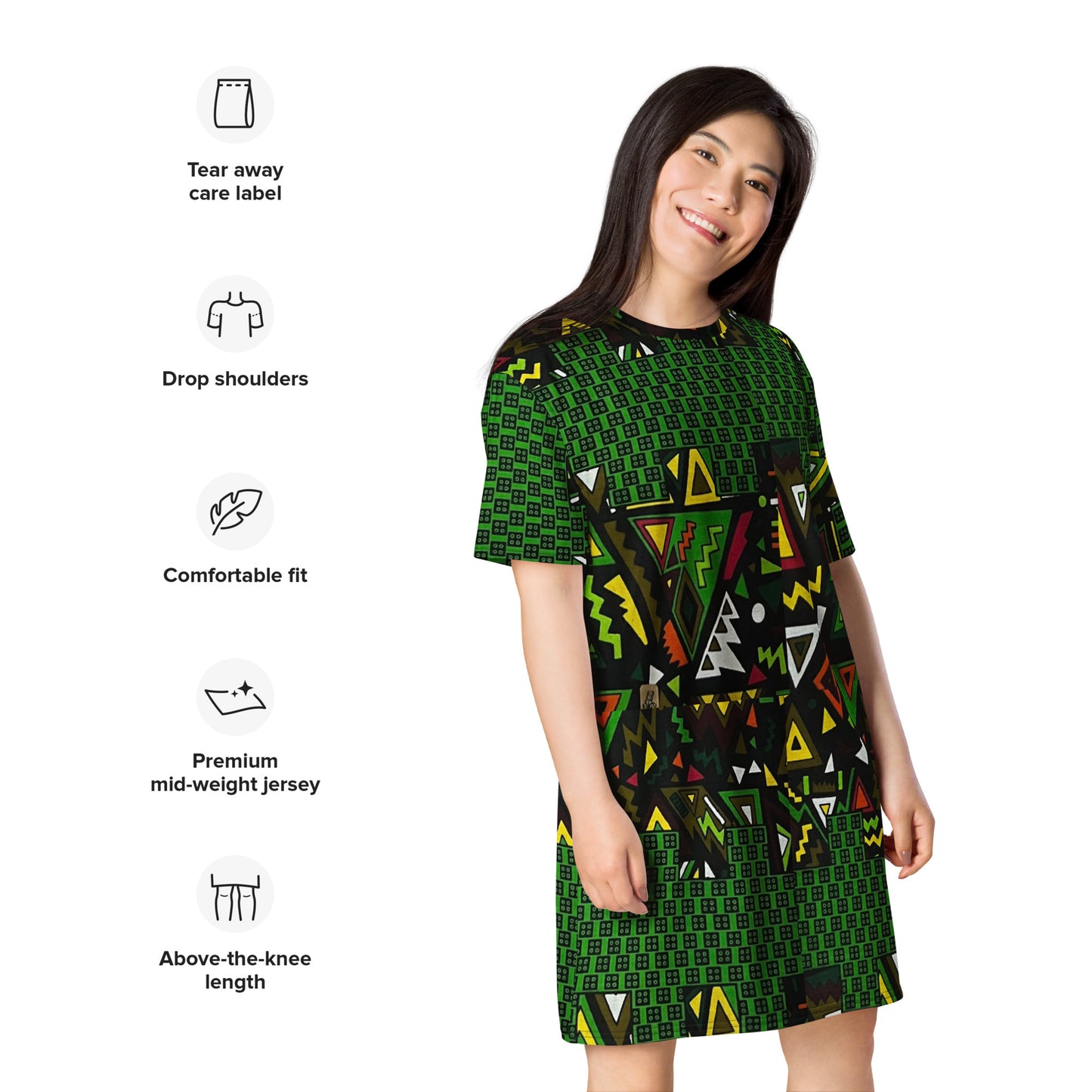 Vibrant Multicolour Green Black Yellow Red Ethnic Ankara T-shirt Dress