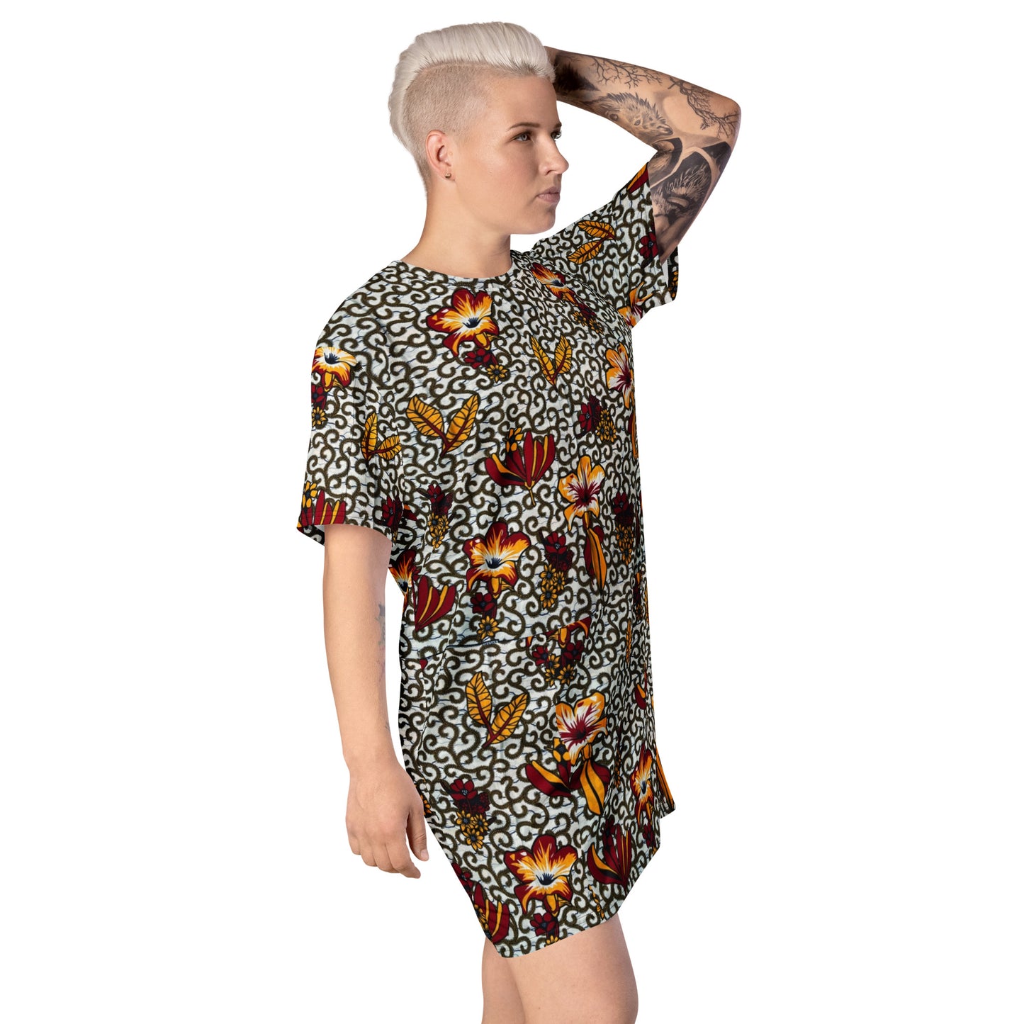 Red White Yellow Flower Ankara T-shirt Dress