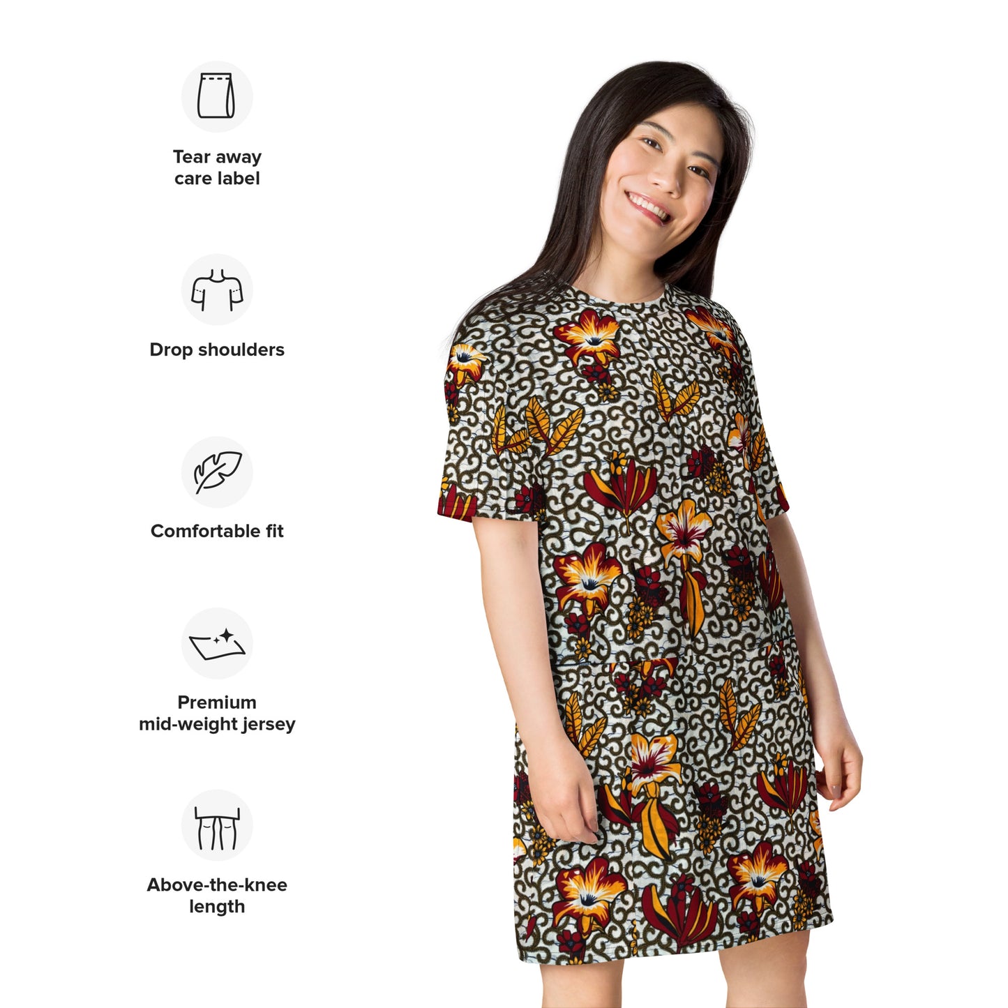 Red White Yellow Flower Ankara T-shirt Dress