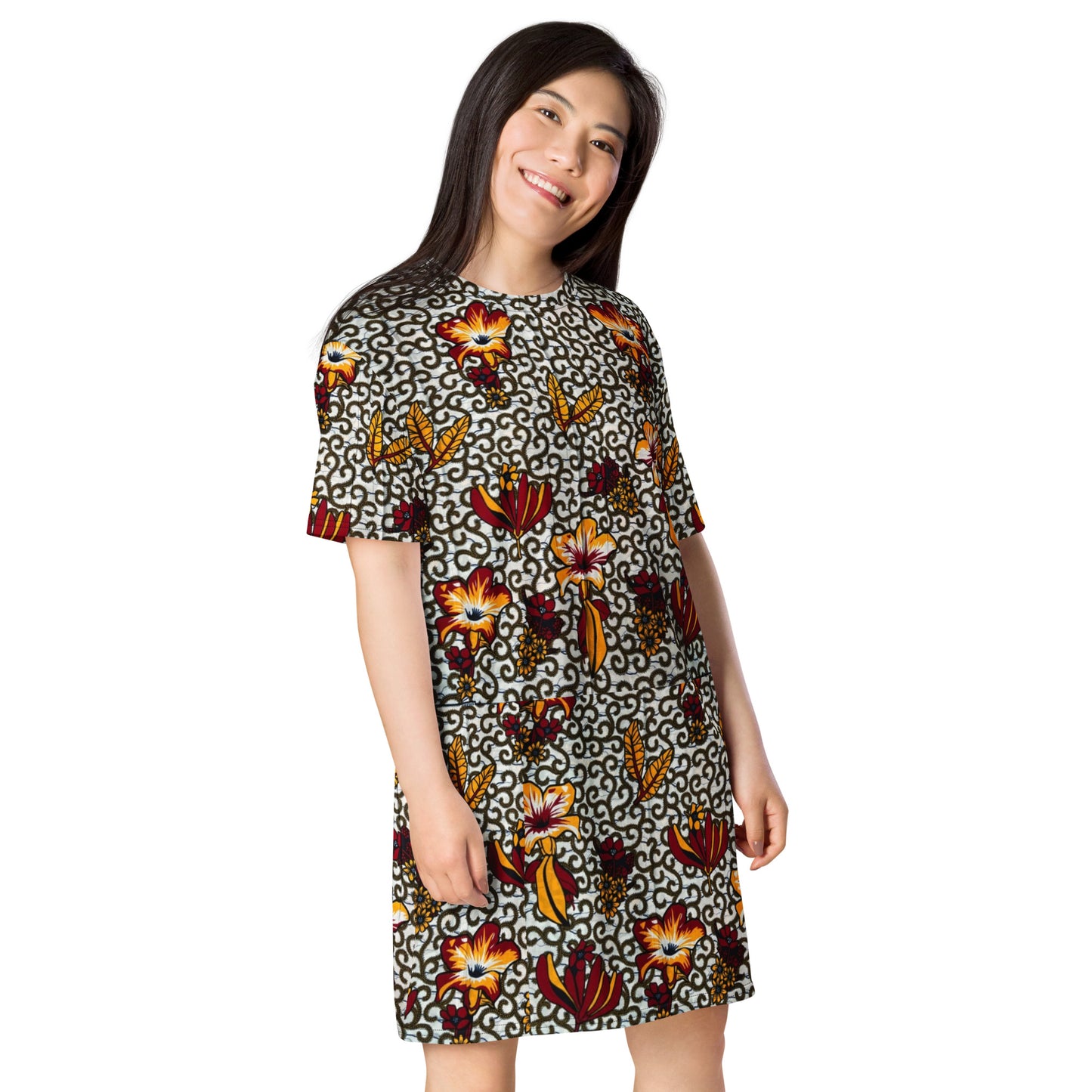 Red White Yellow Flower Ankara T-shirt Dress