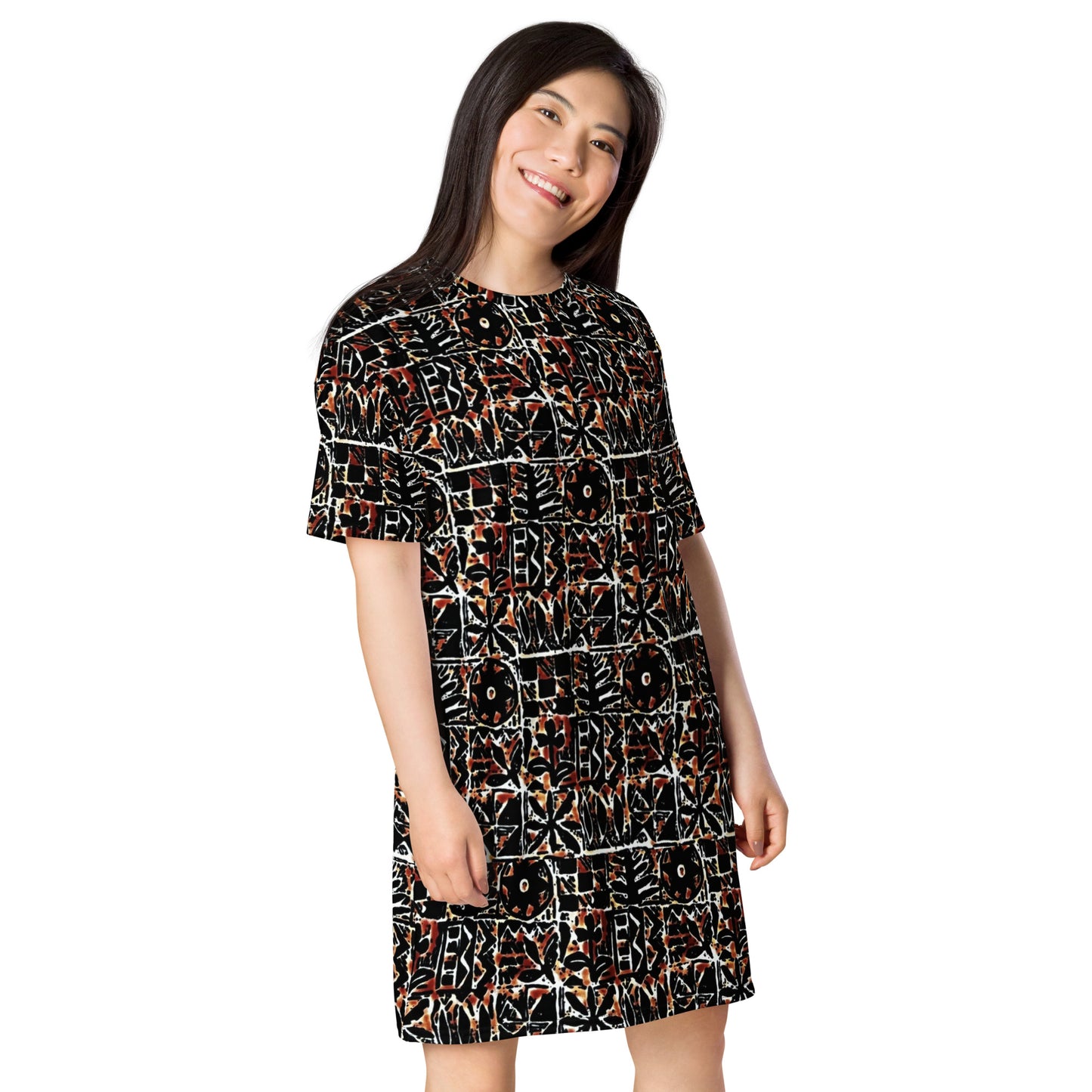 Red Black Abstract Adire Ankara T-shirt Dress