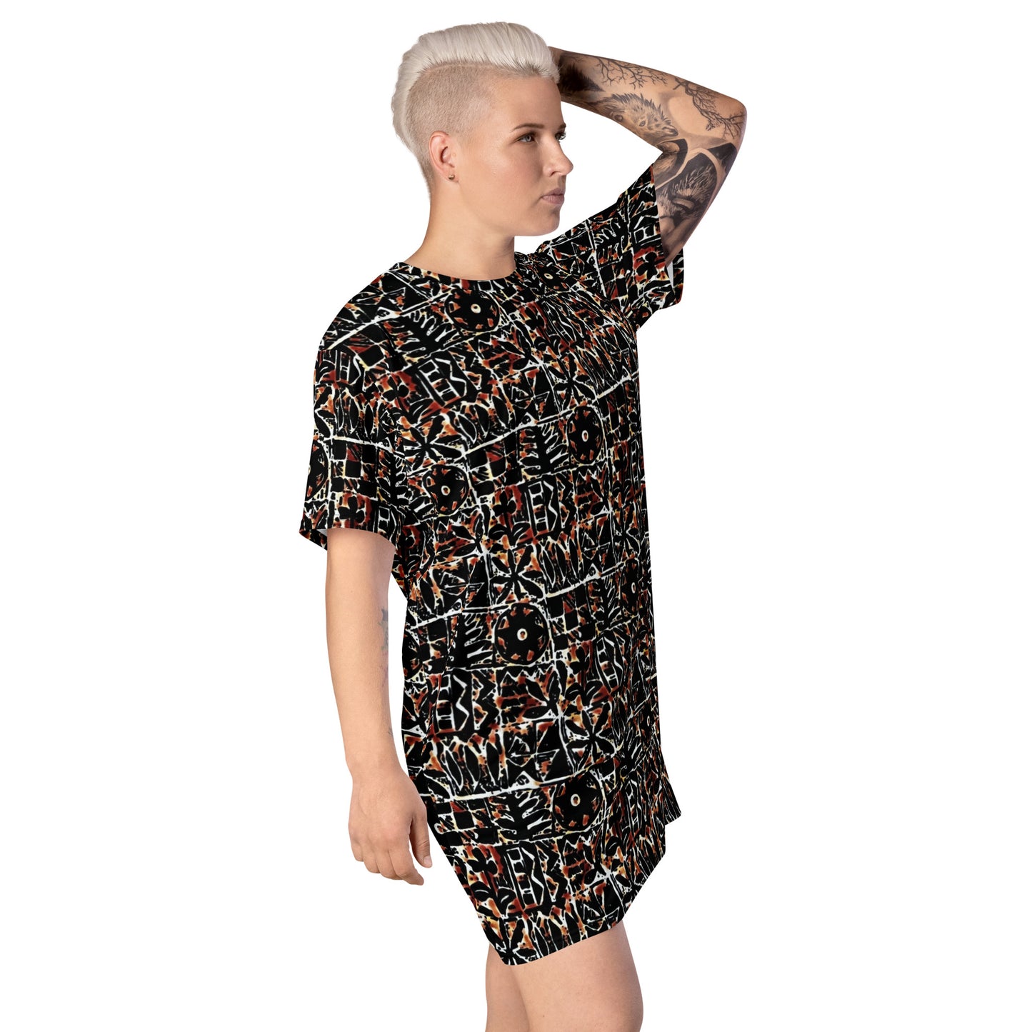 Red Black Abstract Adire Ankara T-shirt Dress