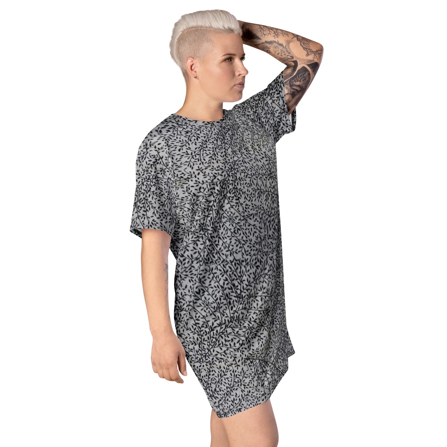 White Black Leaves Ankara T-shirt Dress