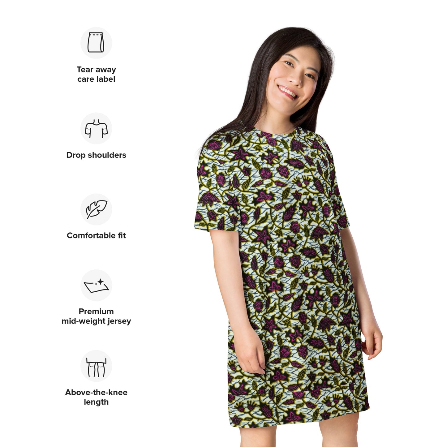 Pink Green Leaves Ankara T-shirt Dress