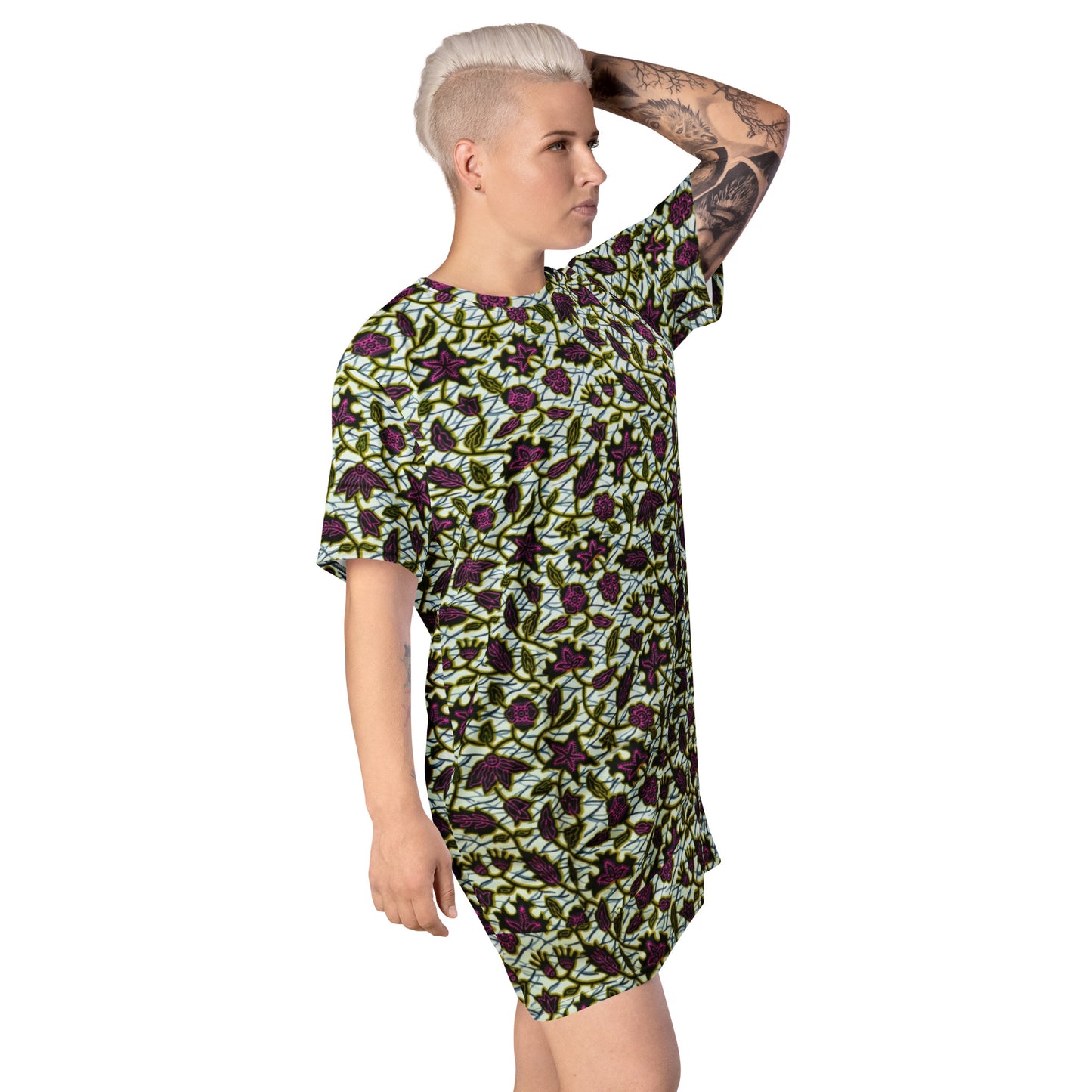 Pink Green Leaves Ankara T-shirt Dress