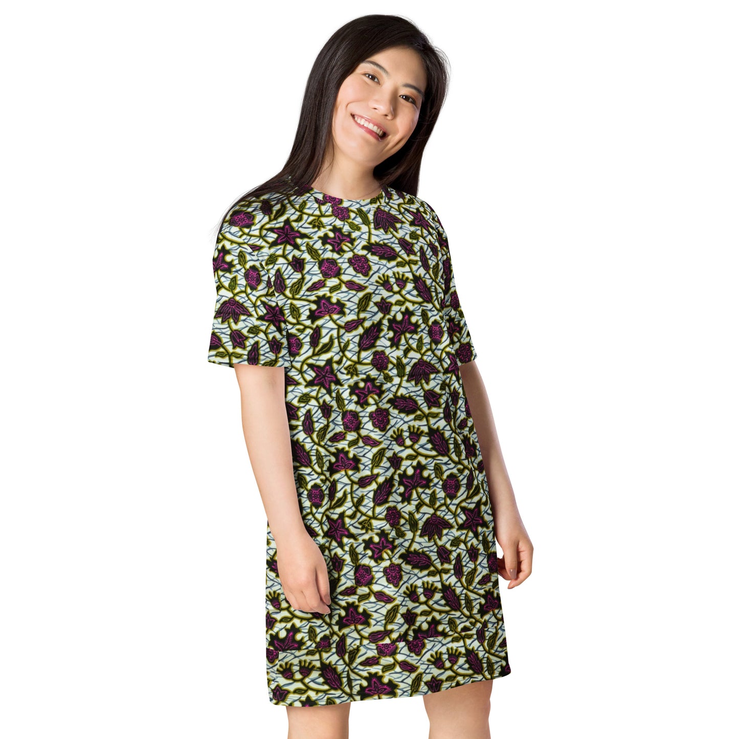 Pink Green Leaves Ankara T-shirt Dress