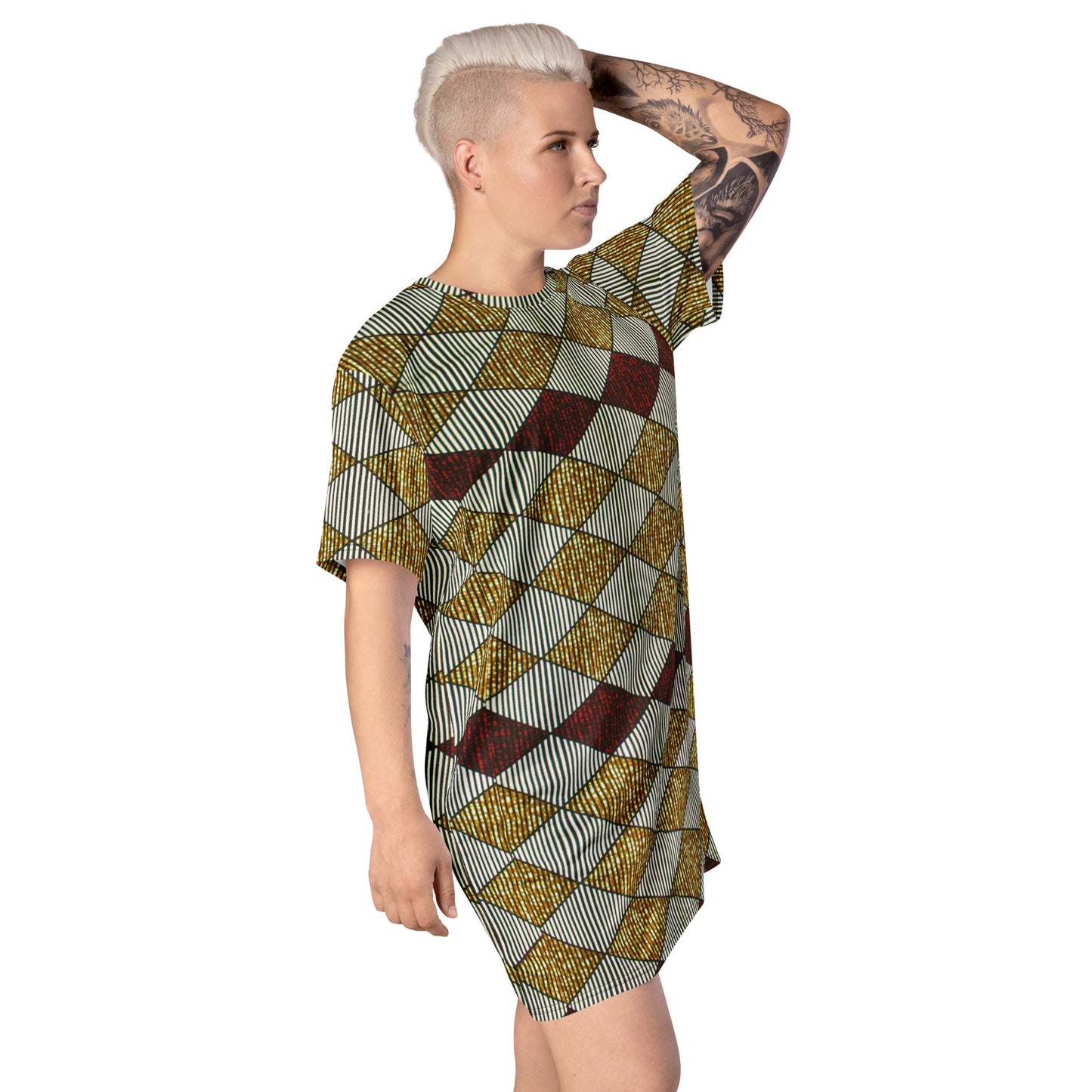 Burgundy Gold Diamond Ankara T-shirt Dress