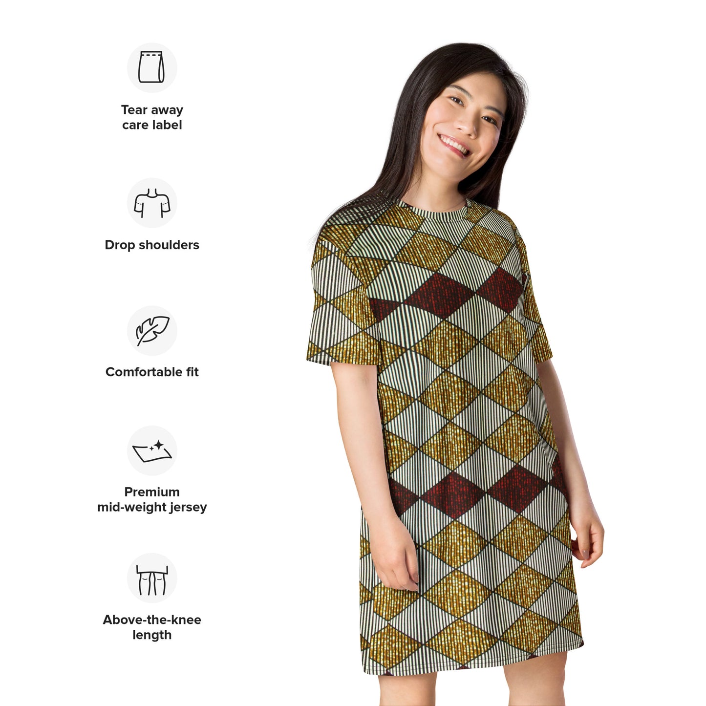 Burgundy Gold Diamond Ankara T-shirt Dress