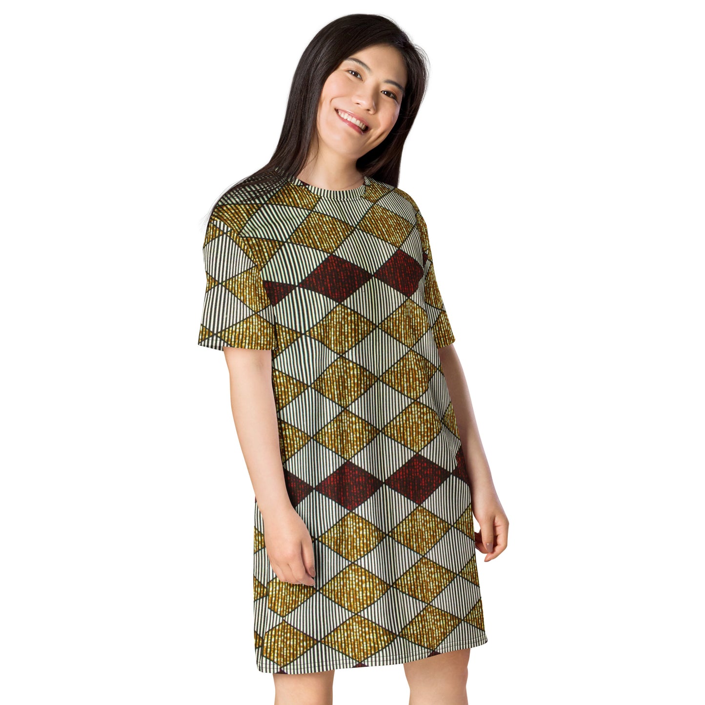 Burgundy Gold Diamond Ankara T-shirt Dress