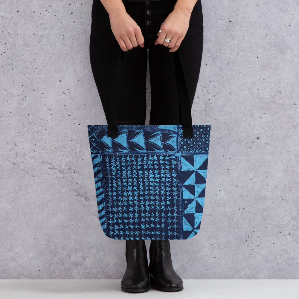 Black And Turquoise Shapes Adire Tote Bag