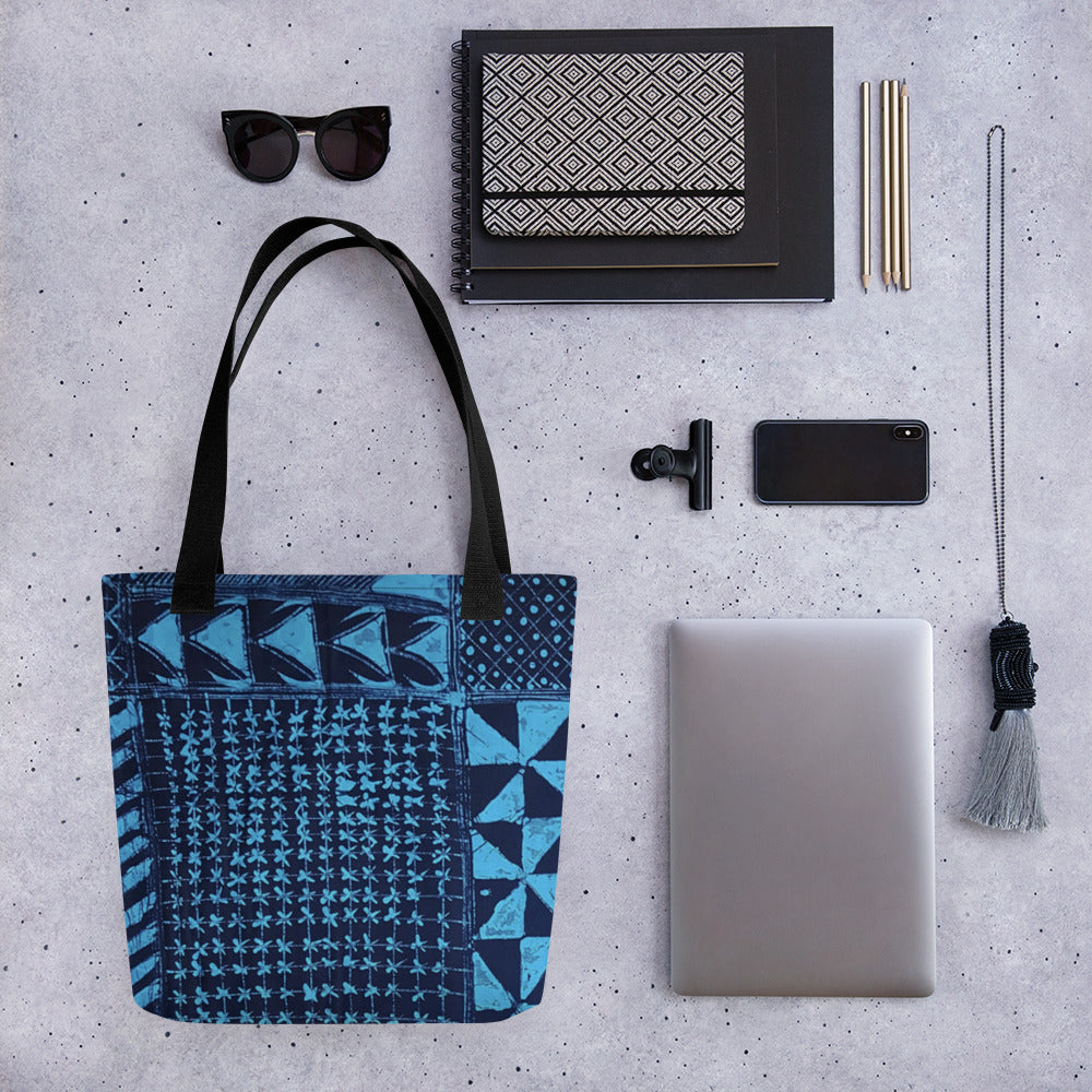 Black And Turquoise Shapes Adire Tote Bag