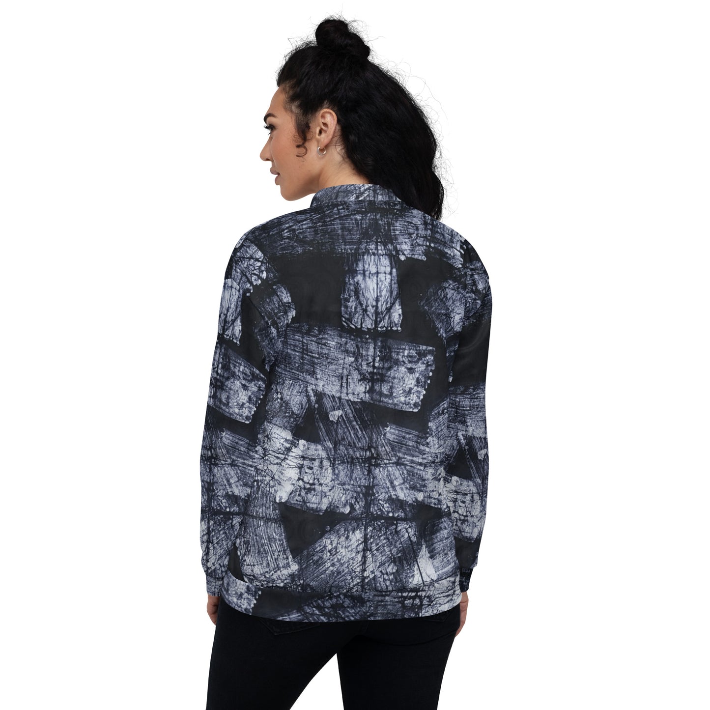 Dark Blue And White African Fabric Unisex Bomber Jacket