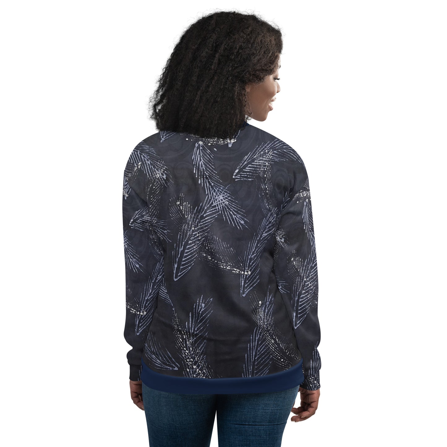 Dark Blue Leaf Adire Unisex Bomber Jacket