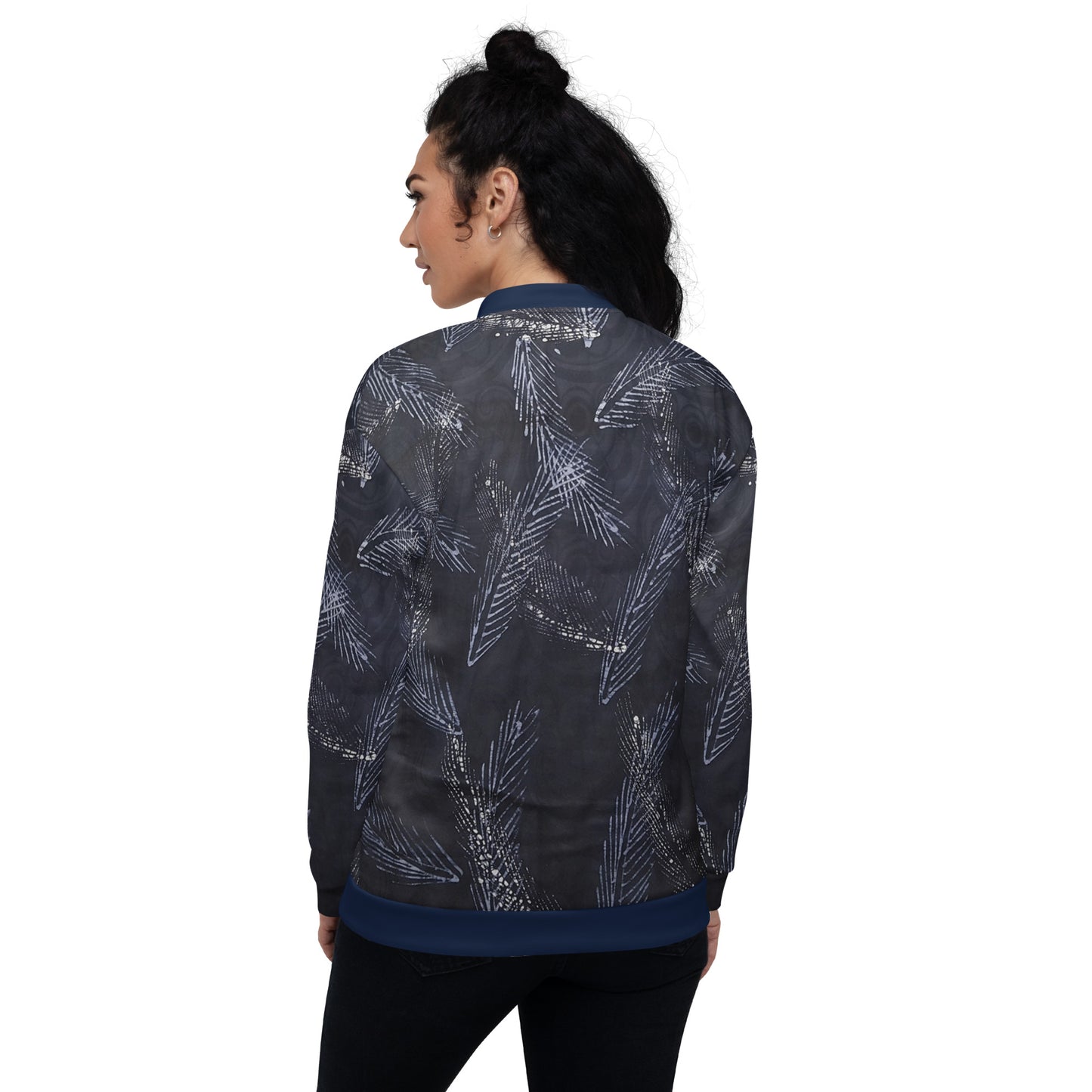 Dark Blue Leaf Adire Unisex Bomber Jacket