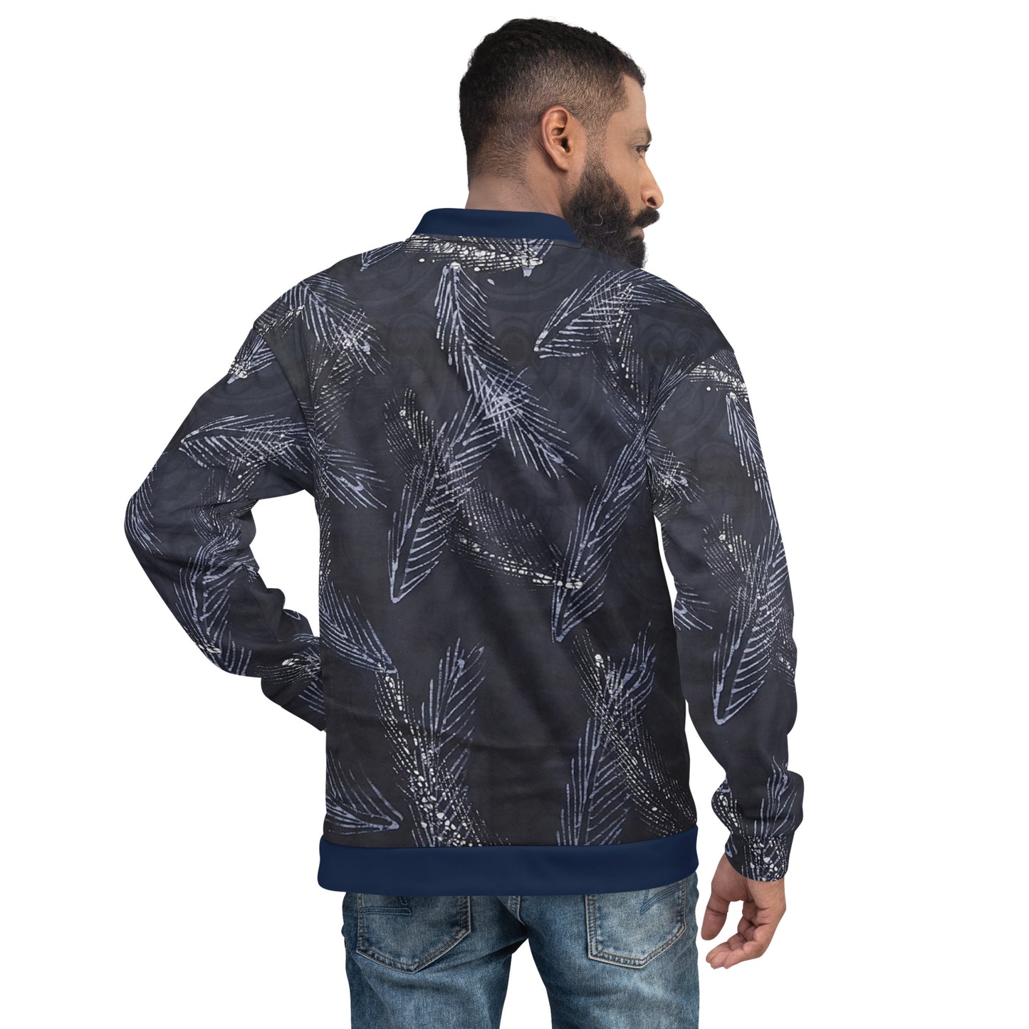 Dark Blue Leaf Adire Unisex Bomber Jacket