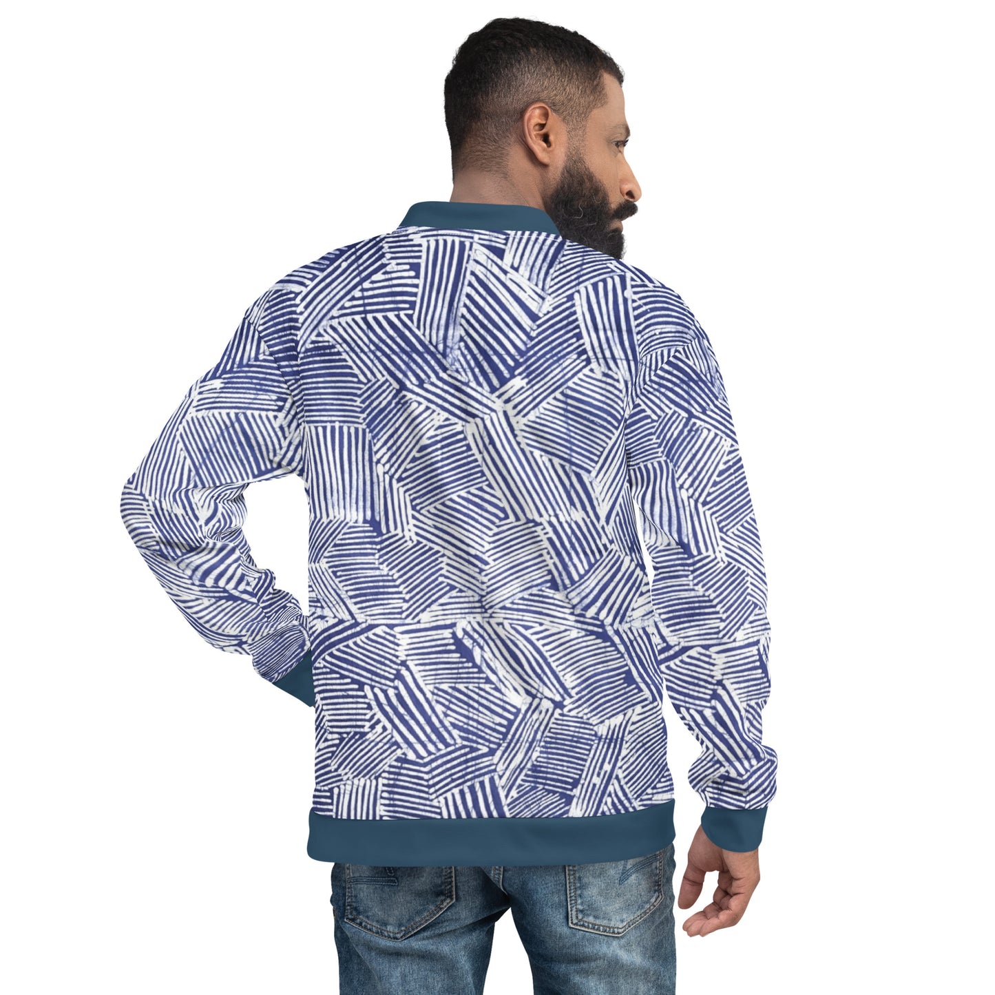 Blue & White Stripe Adire Unisex Bomber Jacket