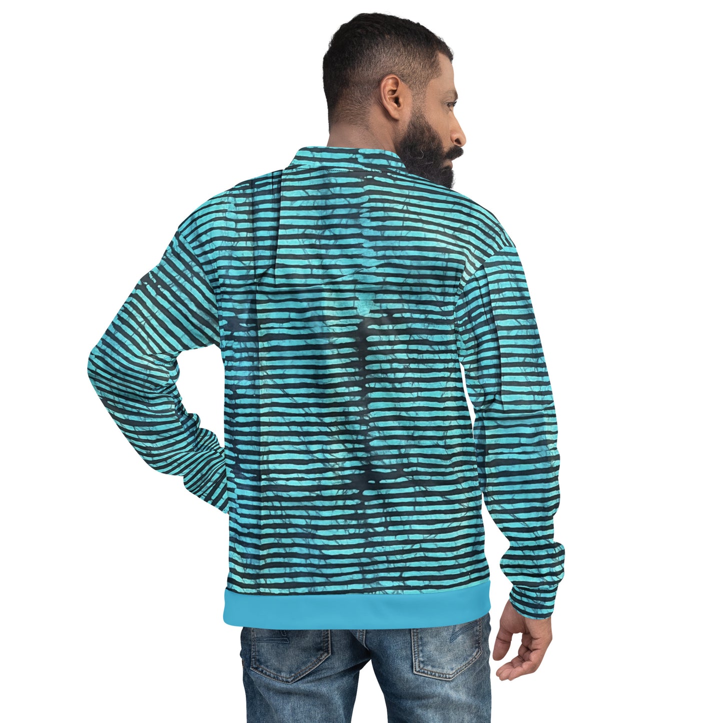 Aqua Black Stripes Adire Unisex Bomber Jacket