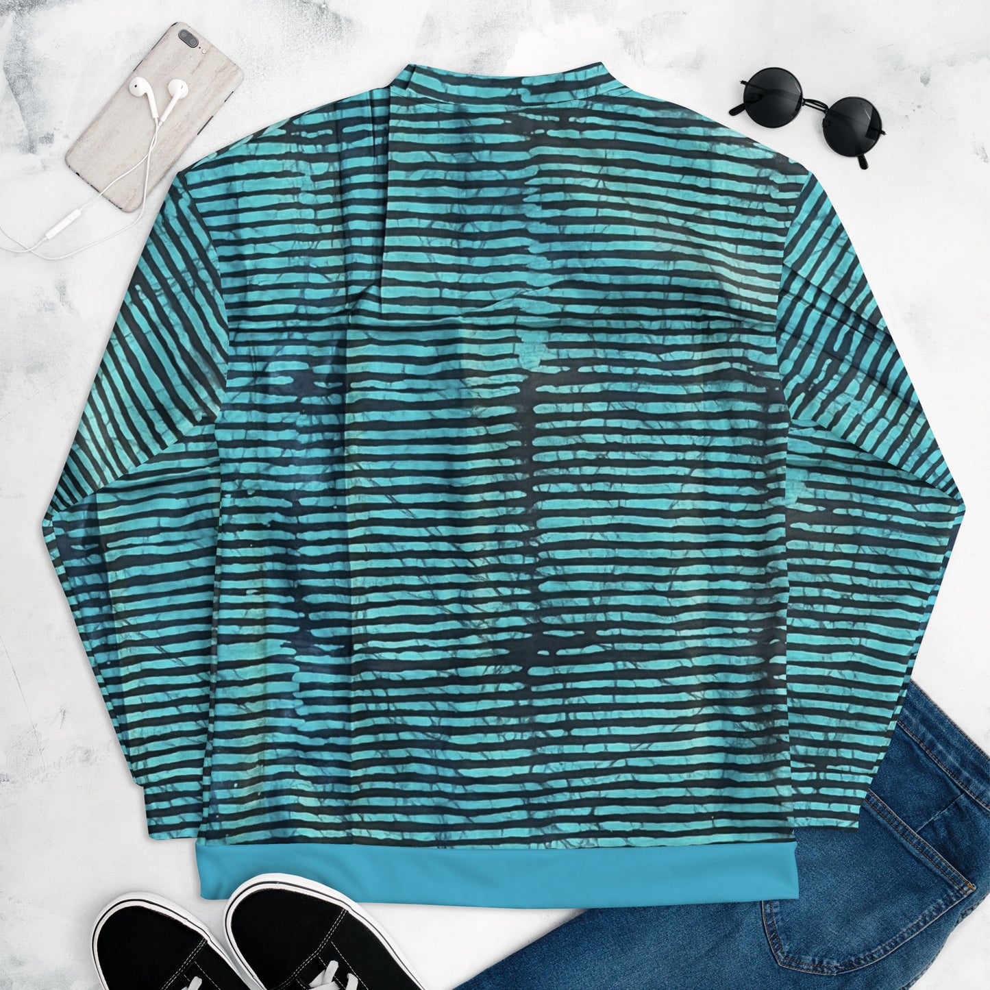 Aqua Black Stripes Adire Unisex Bomber Jacket