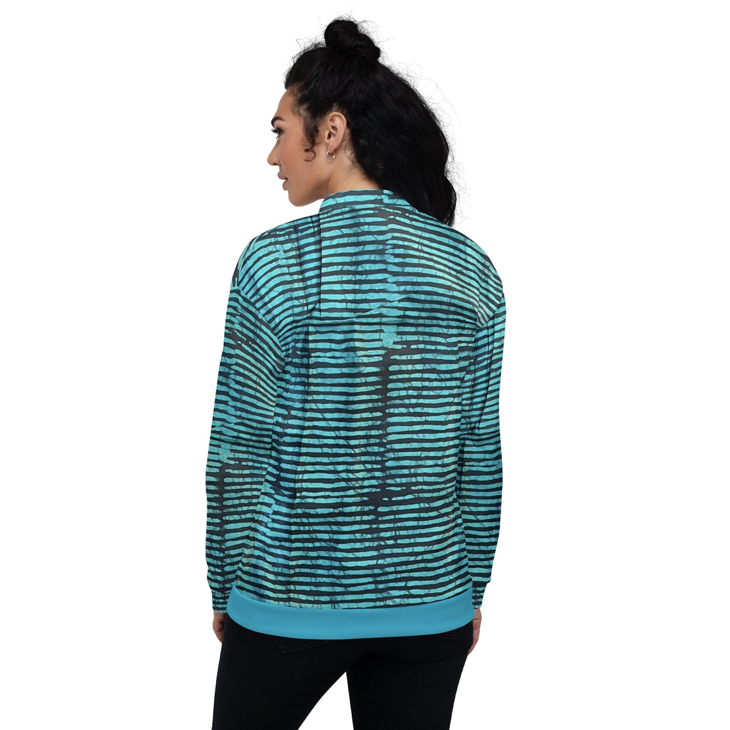 Aqua Black Stripes Adire Unisex Bomber Jacket