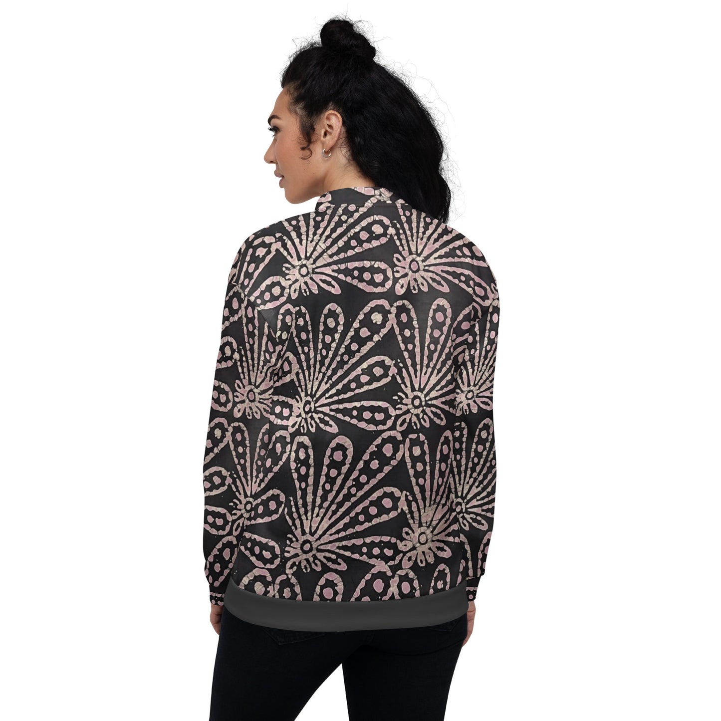 Brown Pale Pink Floral Pattern Adire Unisex Bomber Jacket