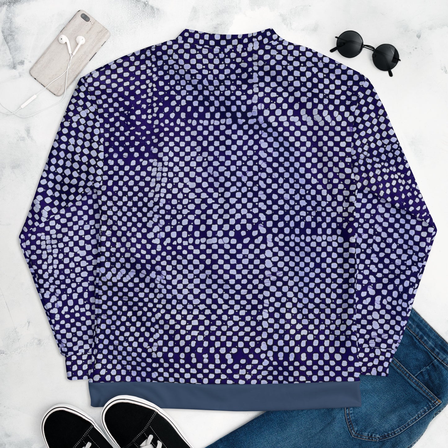 Purple & White Polka Dots Adire Unisex Bomber Jacket