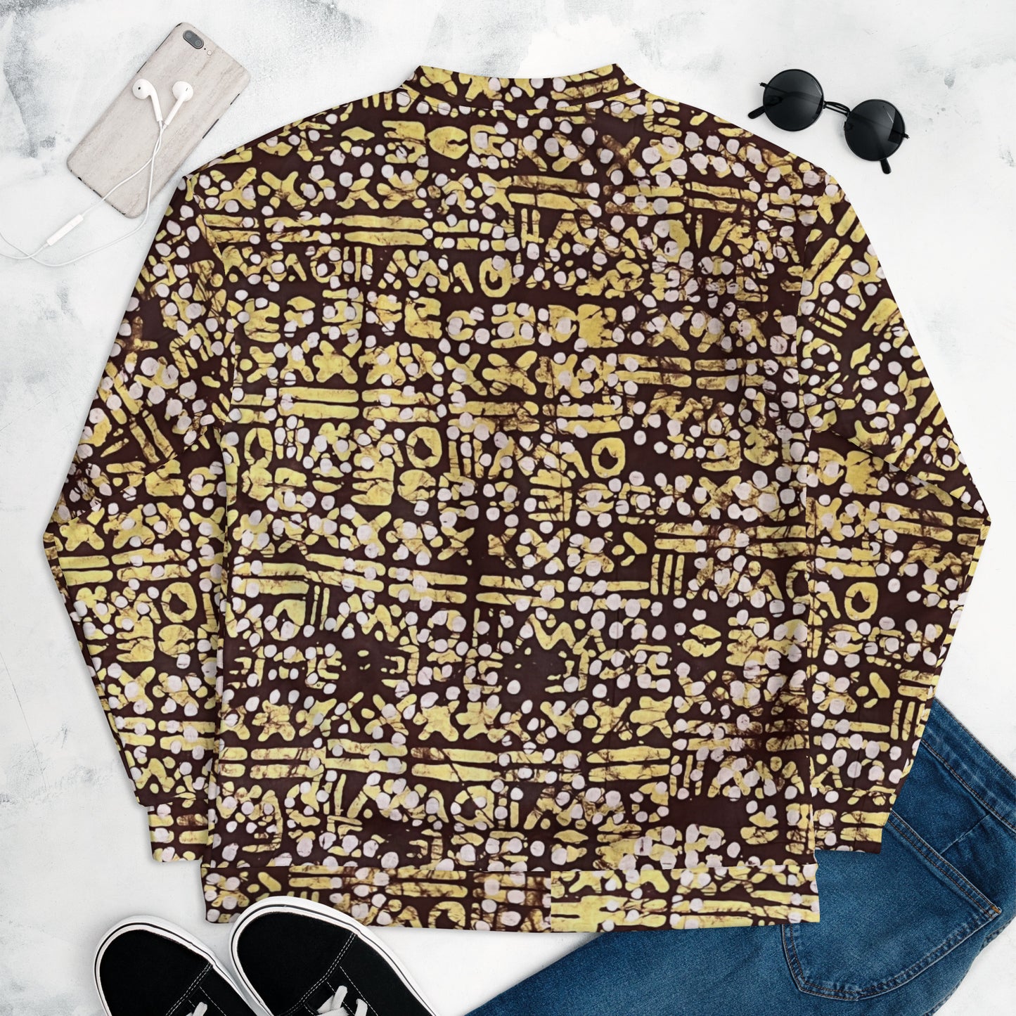 Yellow Brown Noughts & Crosses Adire Unisex Bomber Jacket