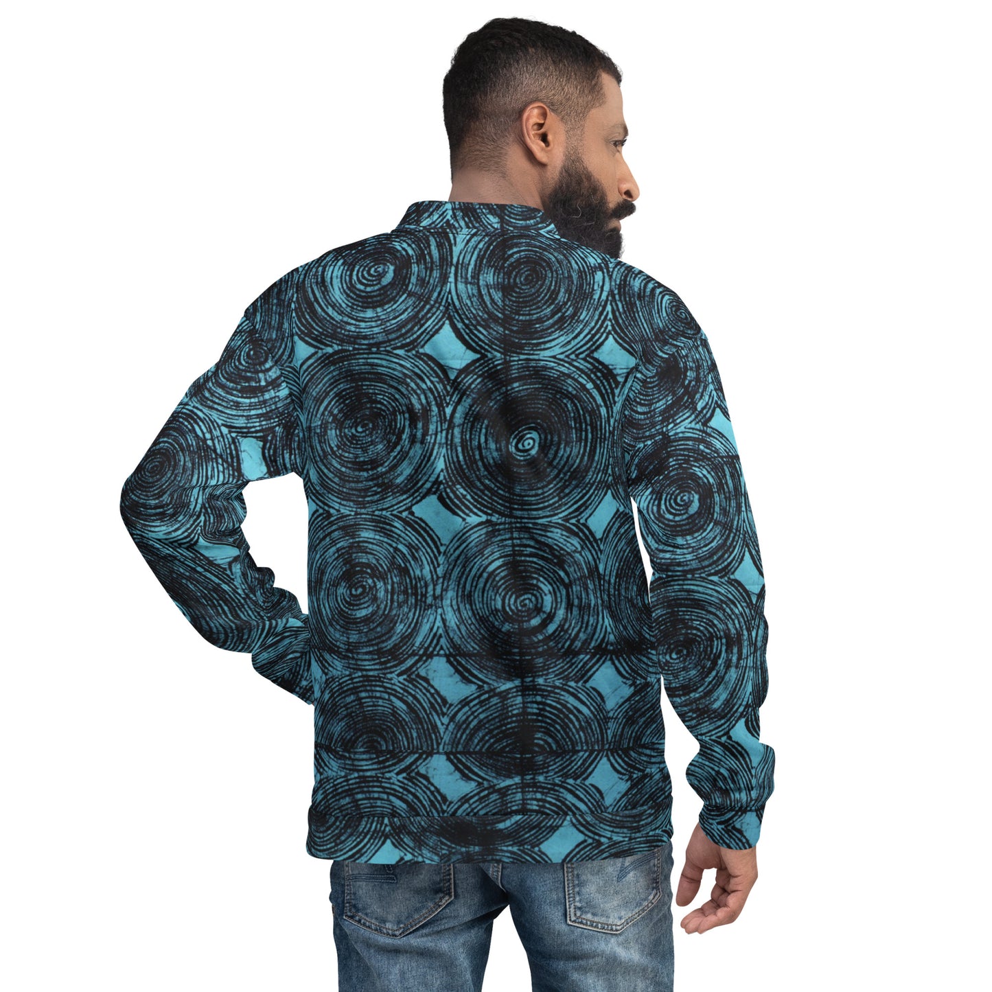 Turquoise & Black Swirls Adire Unisex Bomber Jacket