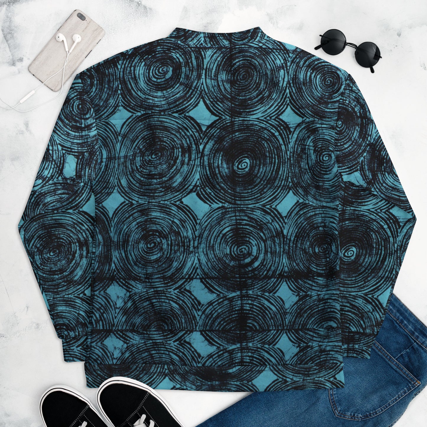 Turquoise & Black Swirls Adire Unisex Bomber Jacket