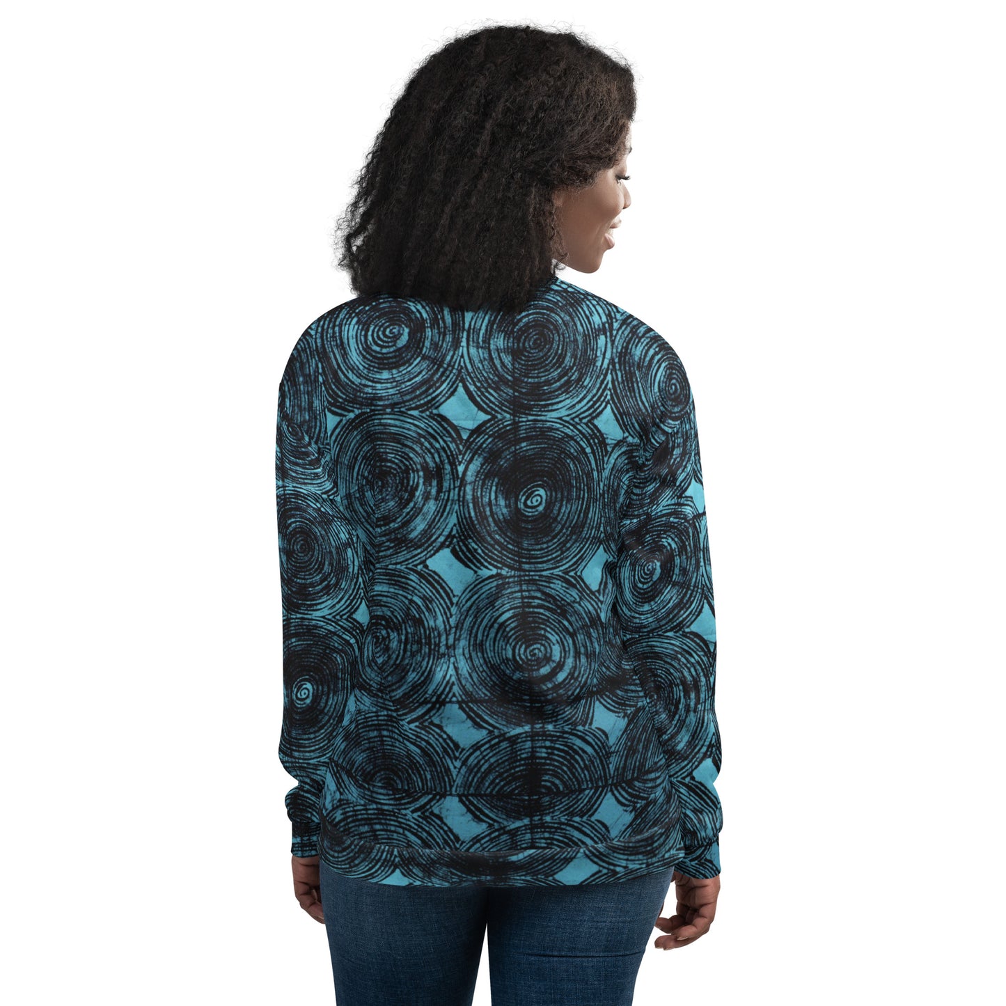 Turquoise & Black Swirls Adire Unisex Bomber Jacket