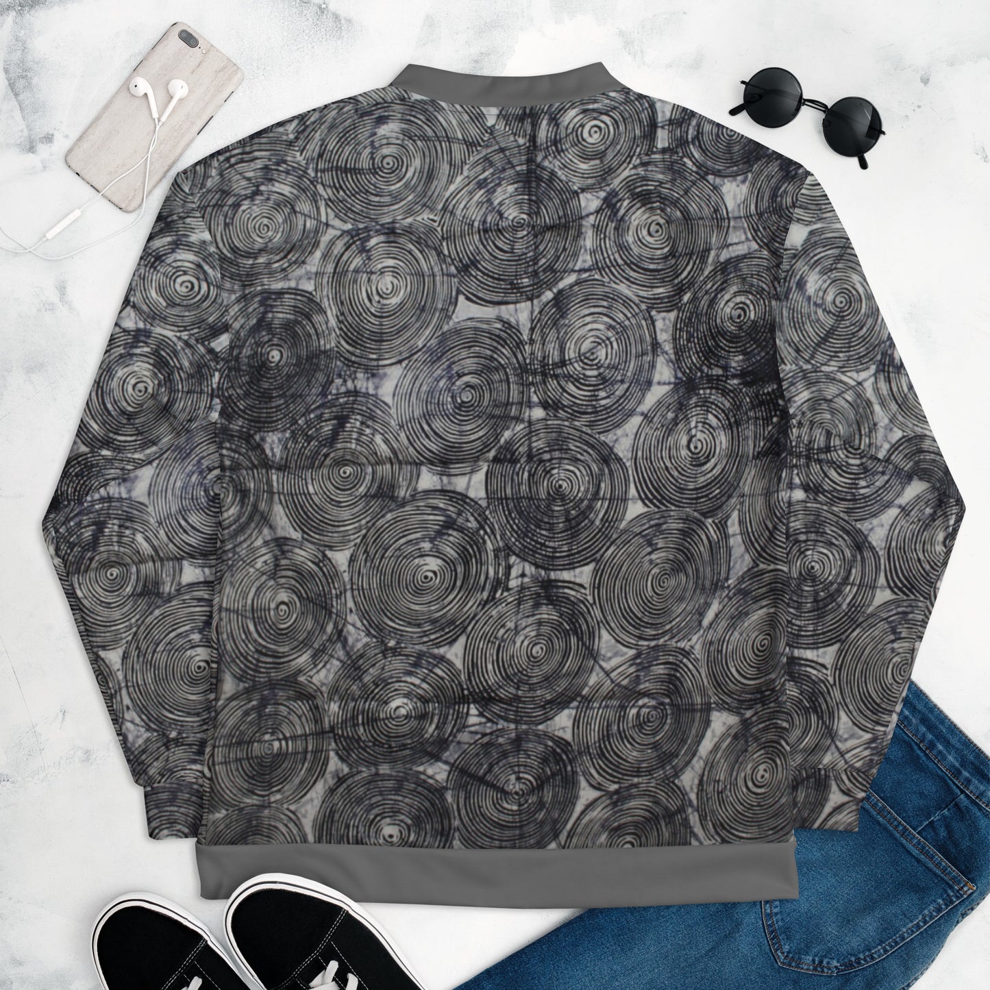 Black Swirls Adire Unisex Bomber Jacket