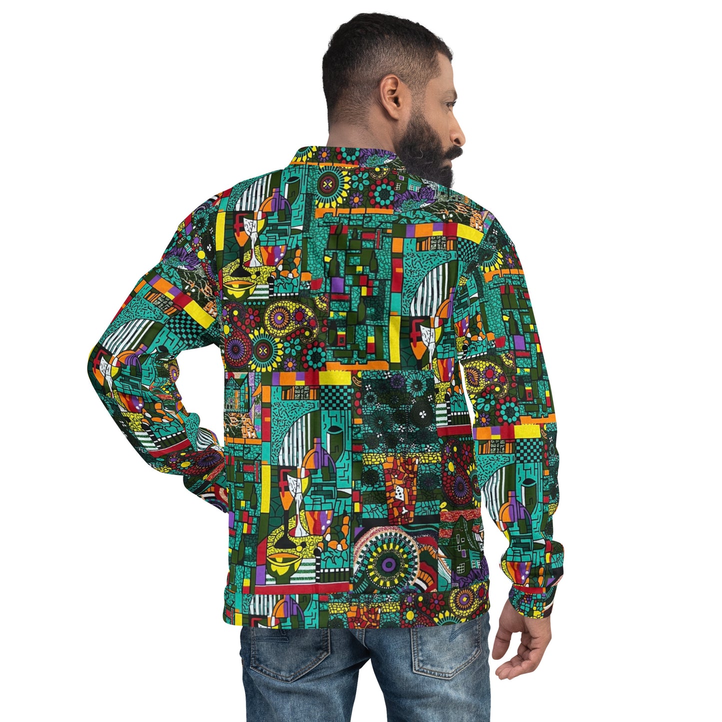 Colourful Green Plants Floral Vase Wine Glass Print Ankara Unisex Bomber Jacket