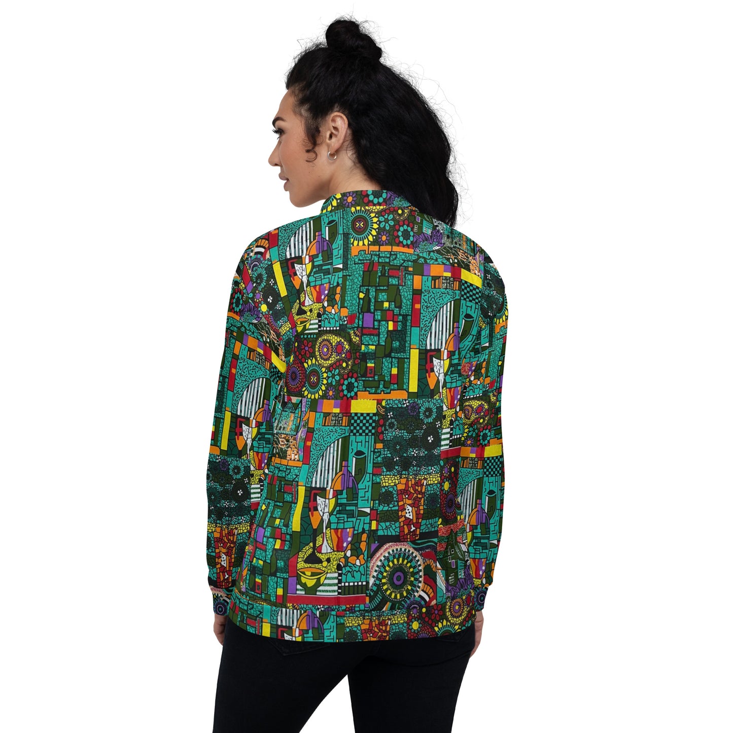 Colourful Green Plants Floral Vase Wine Glass Print Ankara Unisex Bomber Jacket