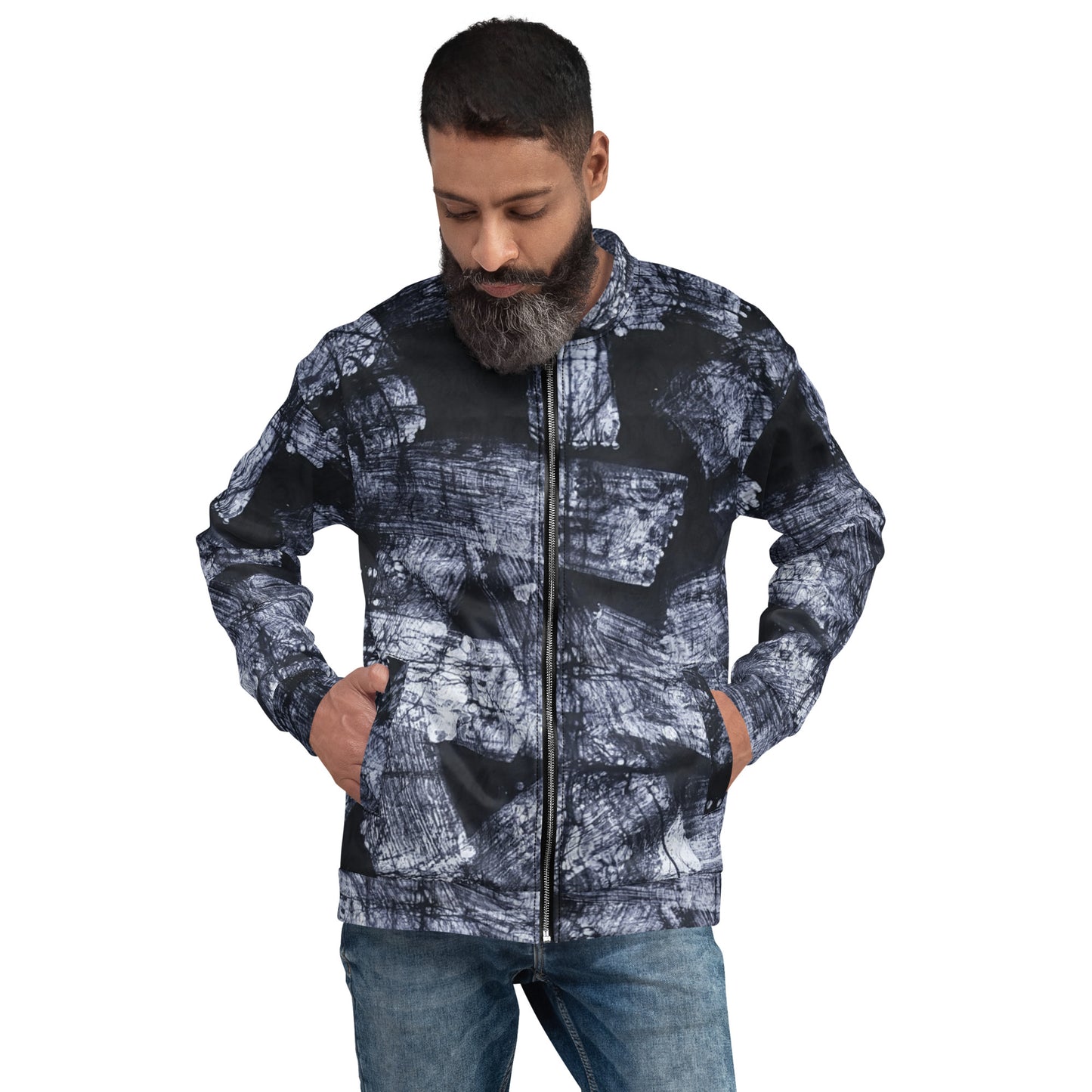 Dark Blue And White African Fabric Unisex Bomber Jacket