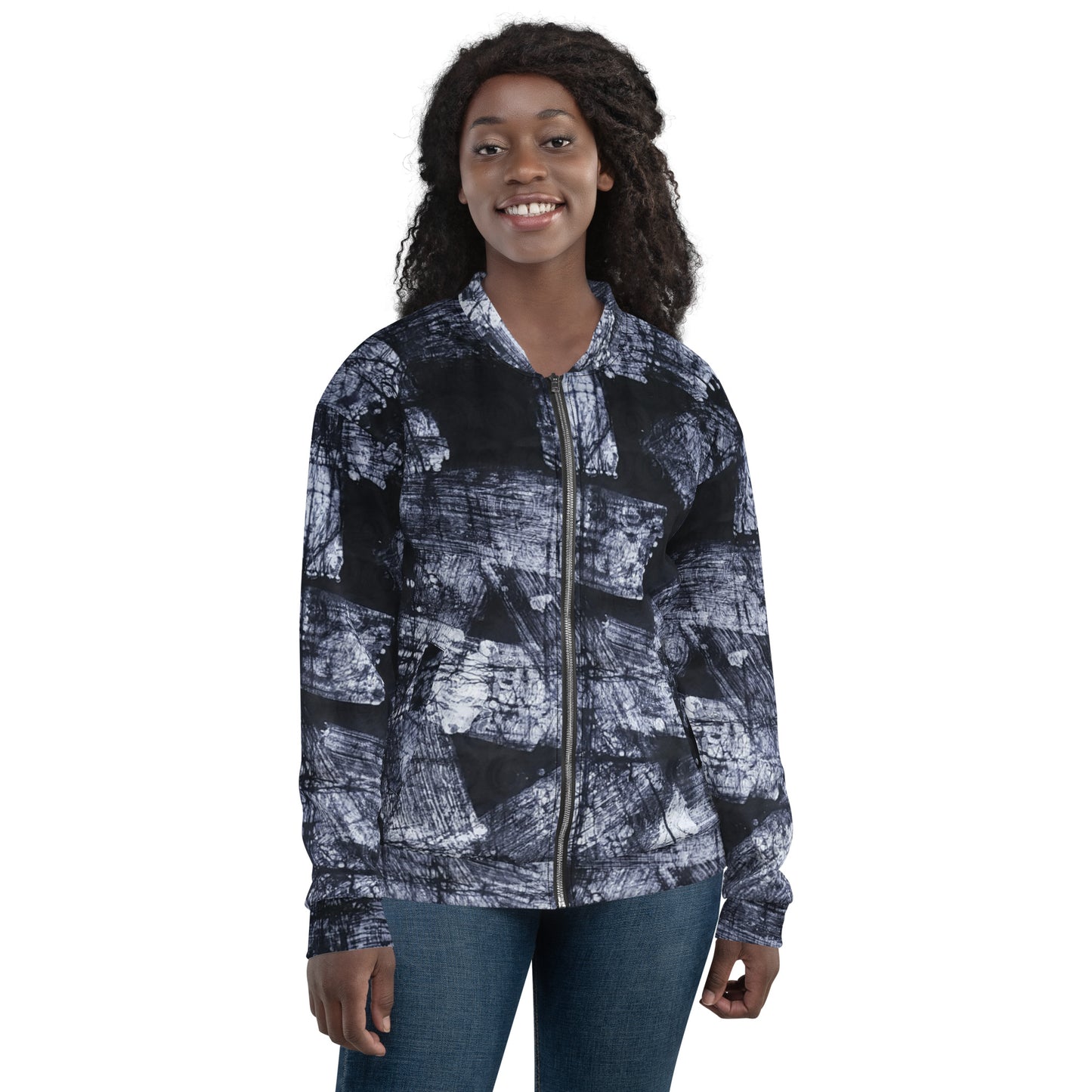 Dark Blue And White African Fabric Unisex Bomber Jacket