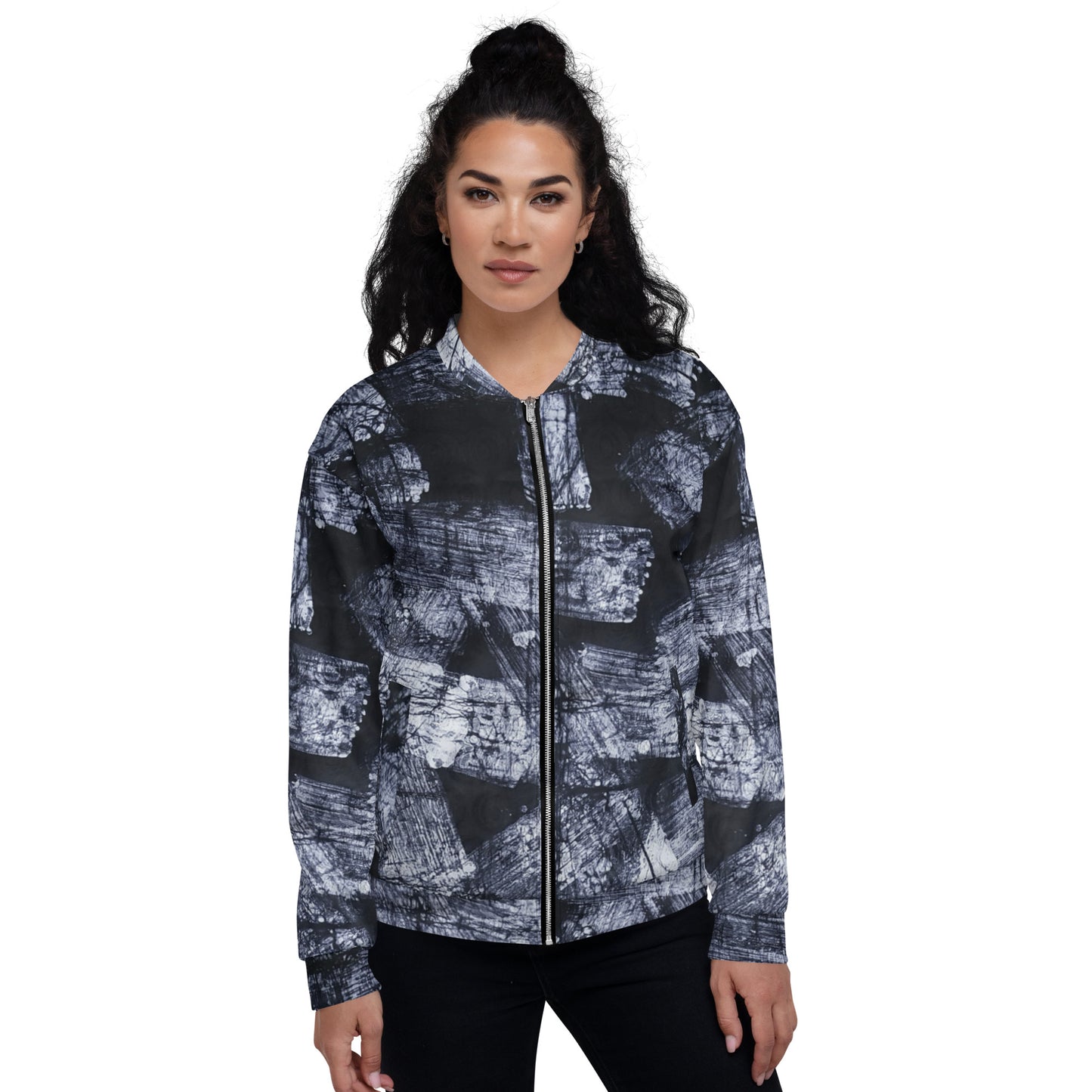 Dark Blue And White African Fabric Unisex Bomber Jacket