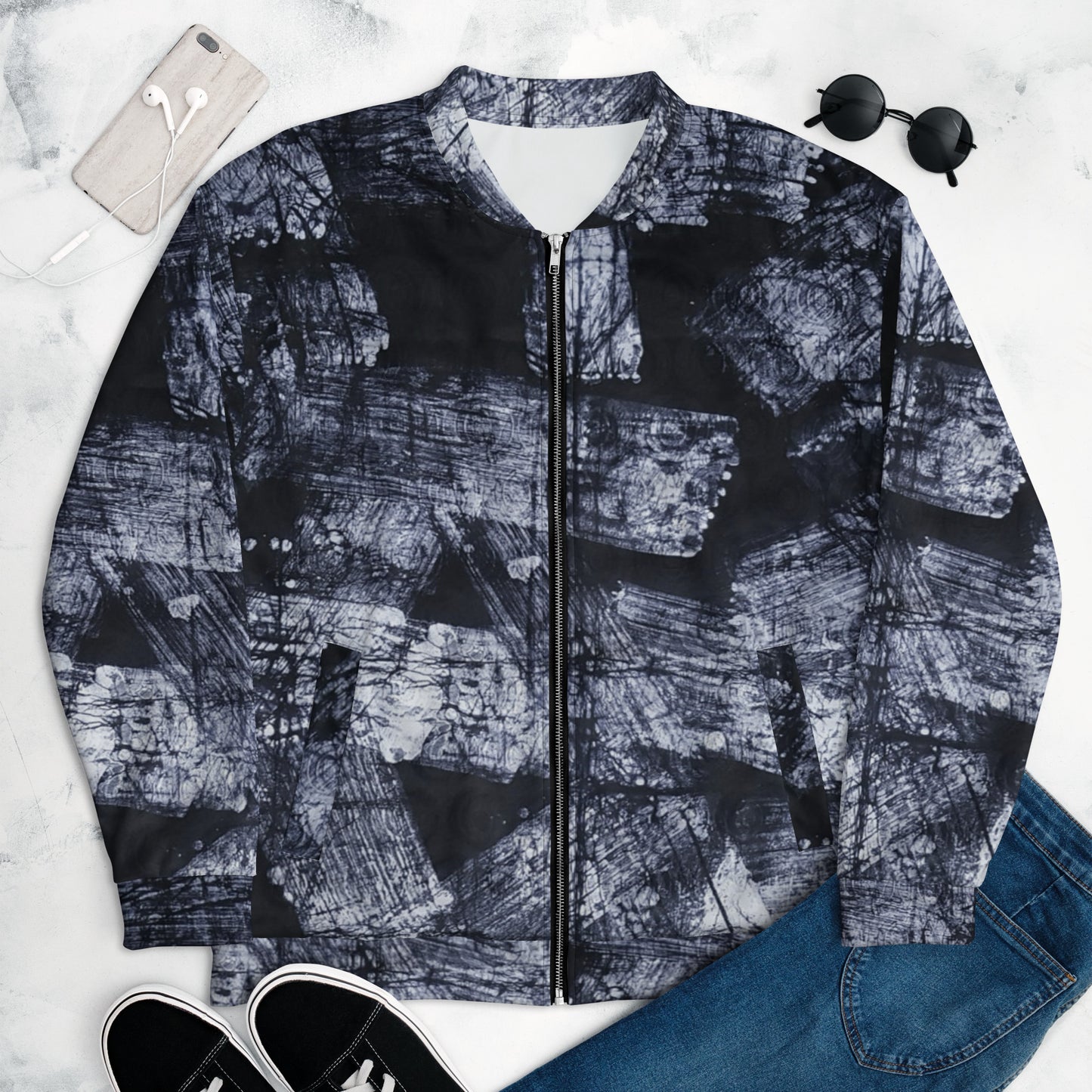 Dark Blue And White African Fabric Unisex Bomber Jacket