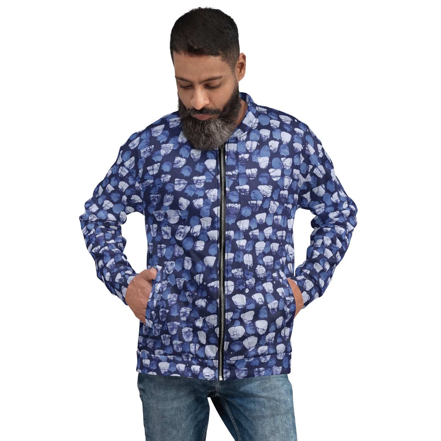 Blue Dotted Adire Unisex Bomber Jacket