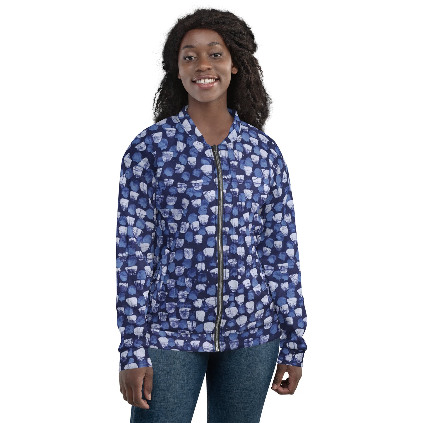 Blue Dotted Adire Unisex Bomber Jacket