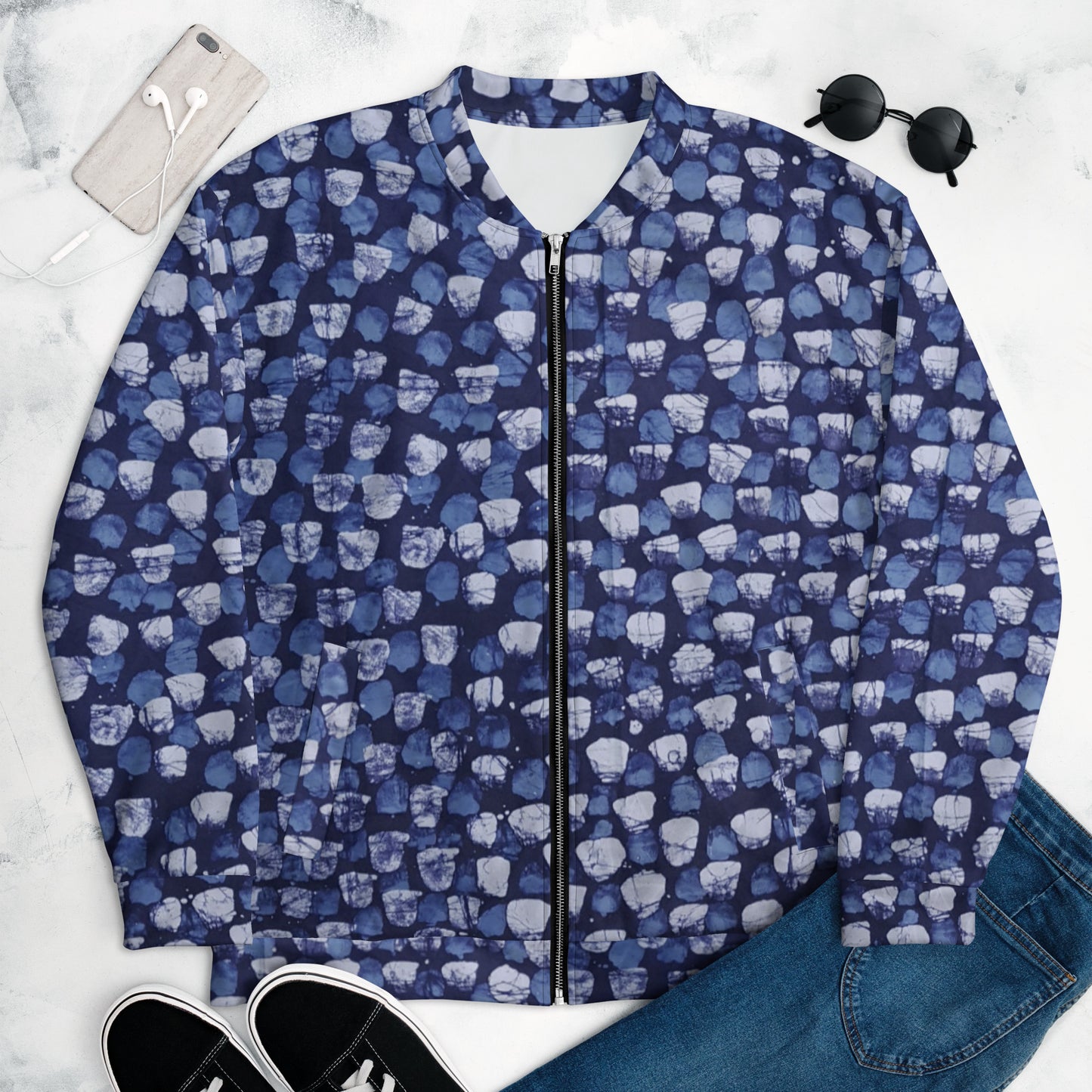 Blue Dotted Adire Unisex Bomber Jacket