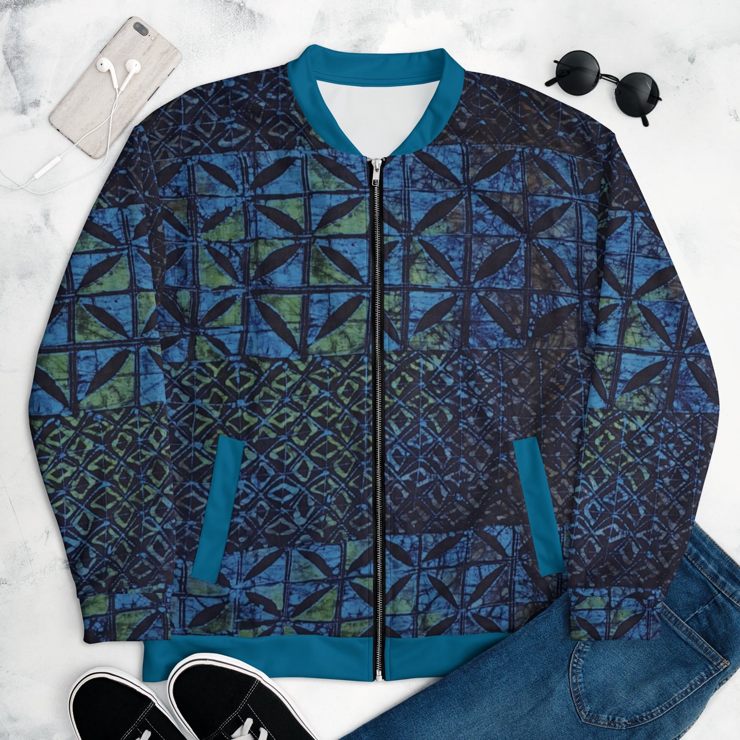 Green Blue Adire Unisex Bomber Jacket