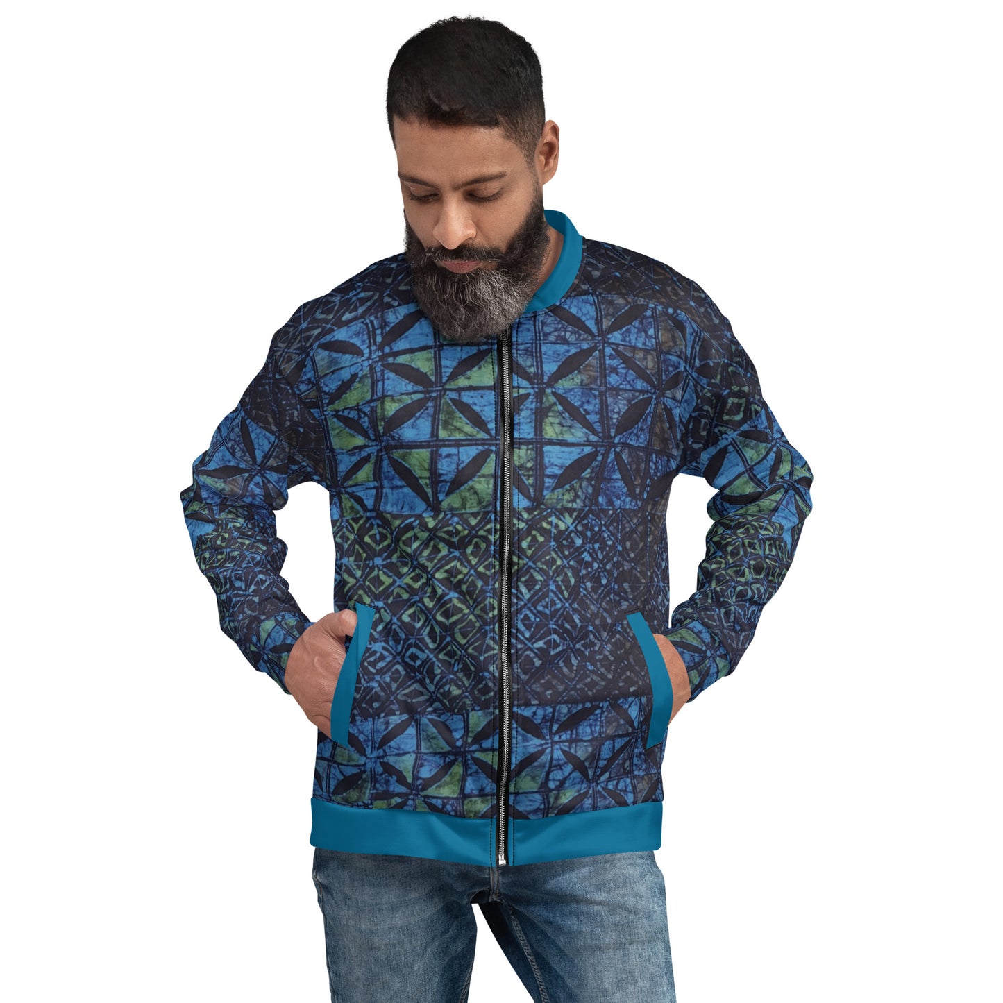 Green Blue Adire Unisex Bomber Jacket