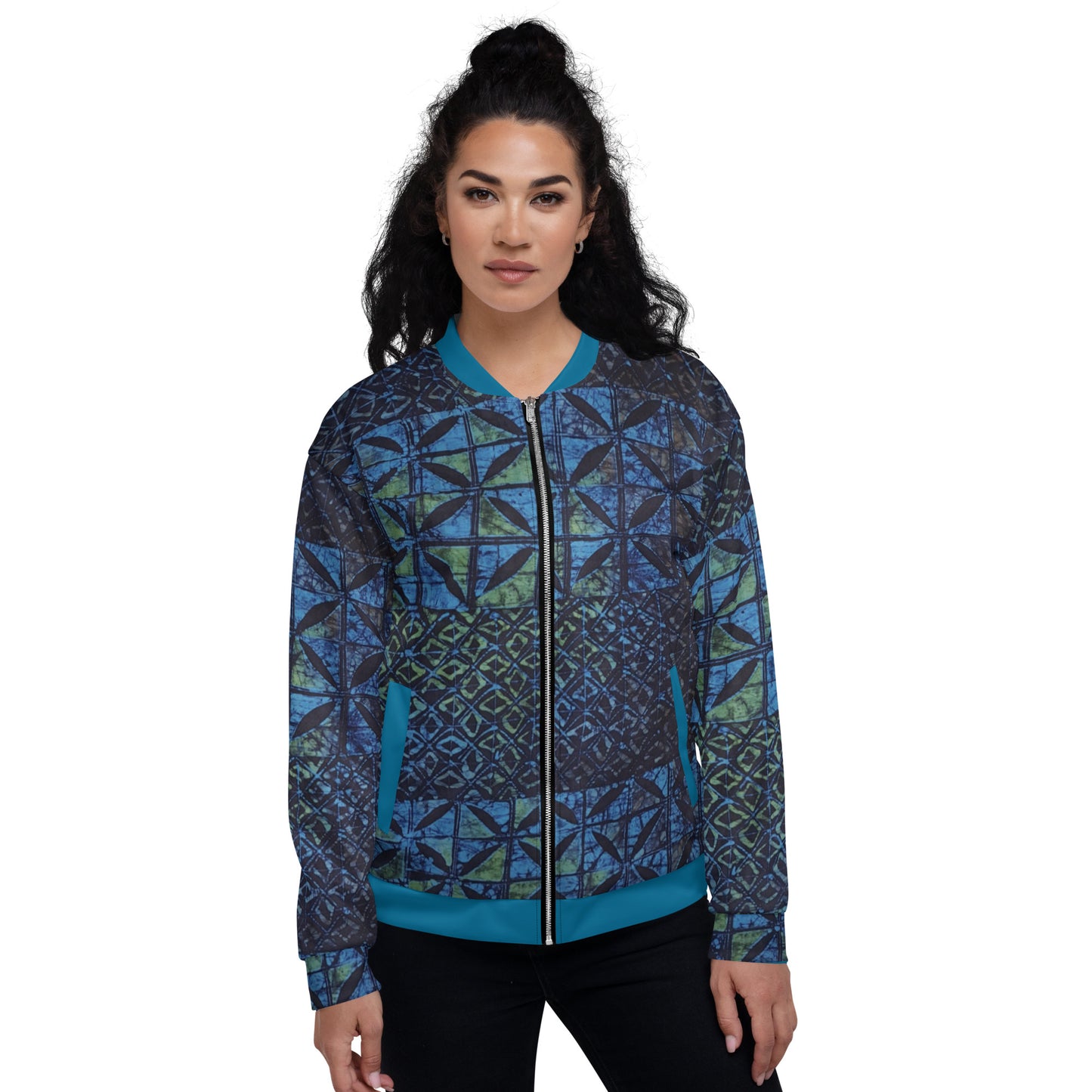 Green Blue Adire Unisex Bomber Jacket