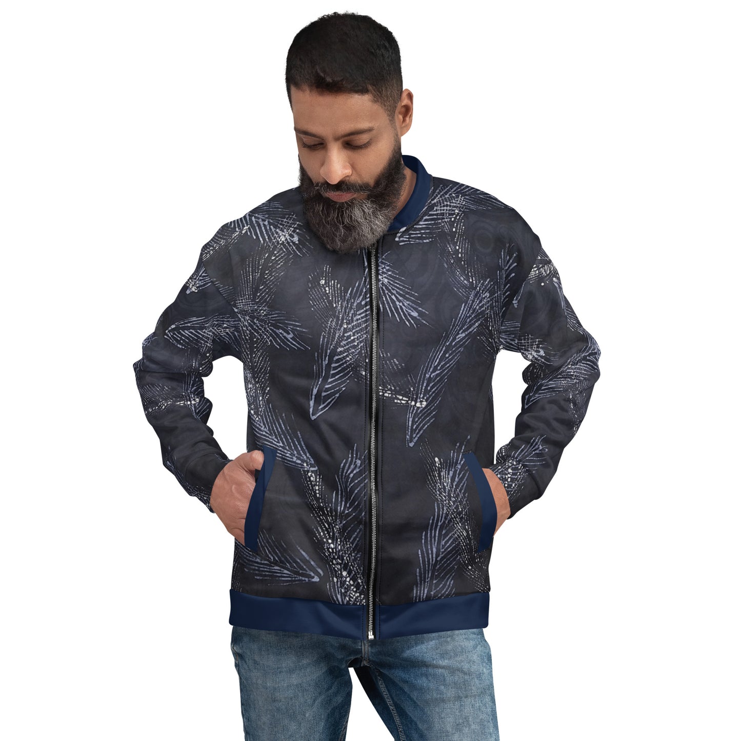 Dark Blue Leaf Adire Unisex Bomber Jacket