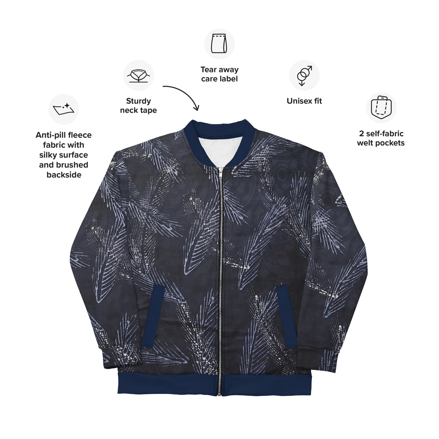 Dark Blue Leaf Adire Unisex Bomber Jacket