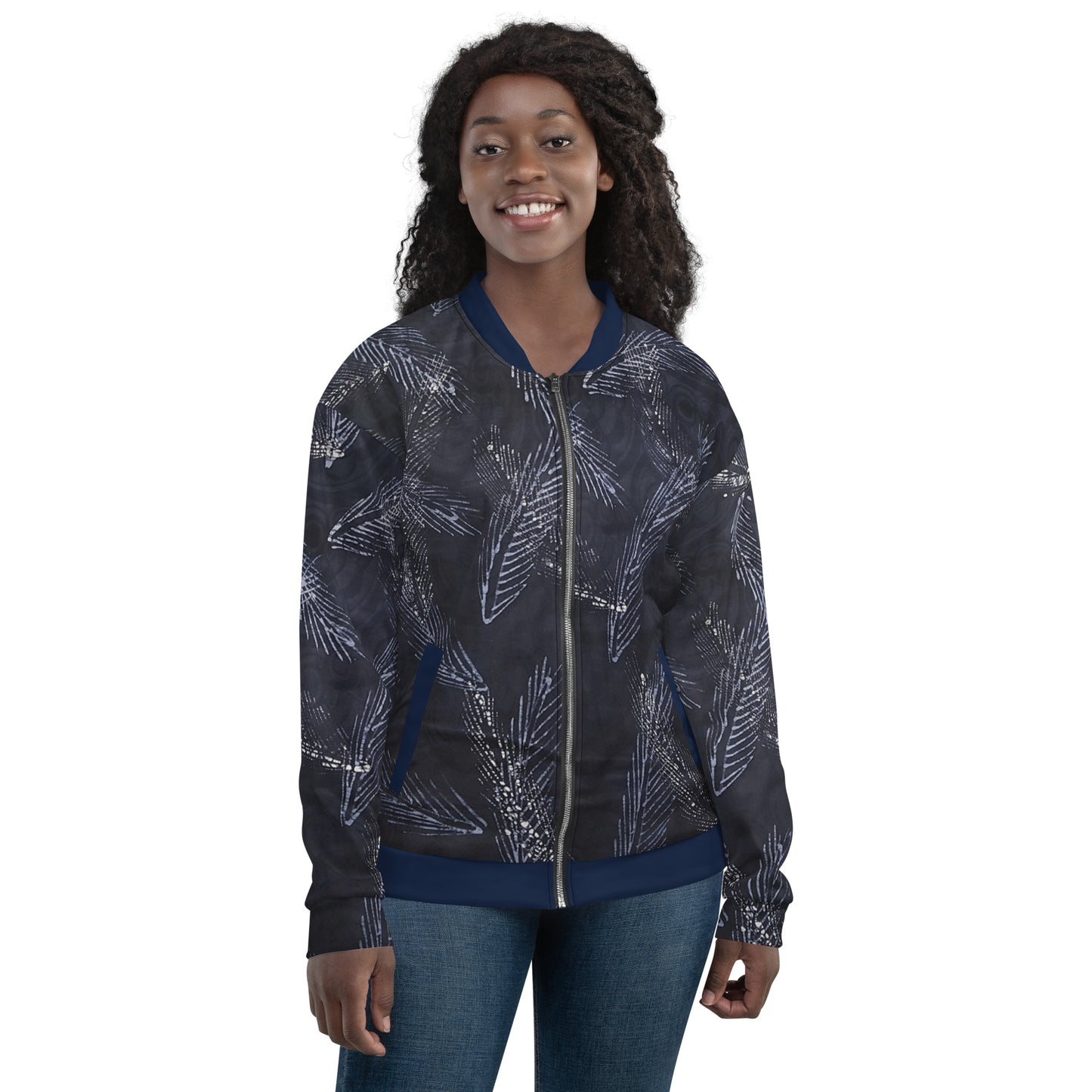 Dark Blue Leaf Adire Unisex Bomber Jacket