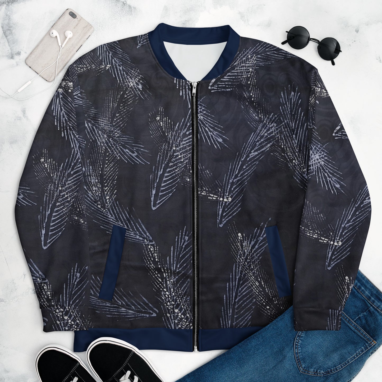 Dark Blue Leaf Adire Unisex Bomber Jacket