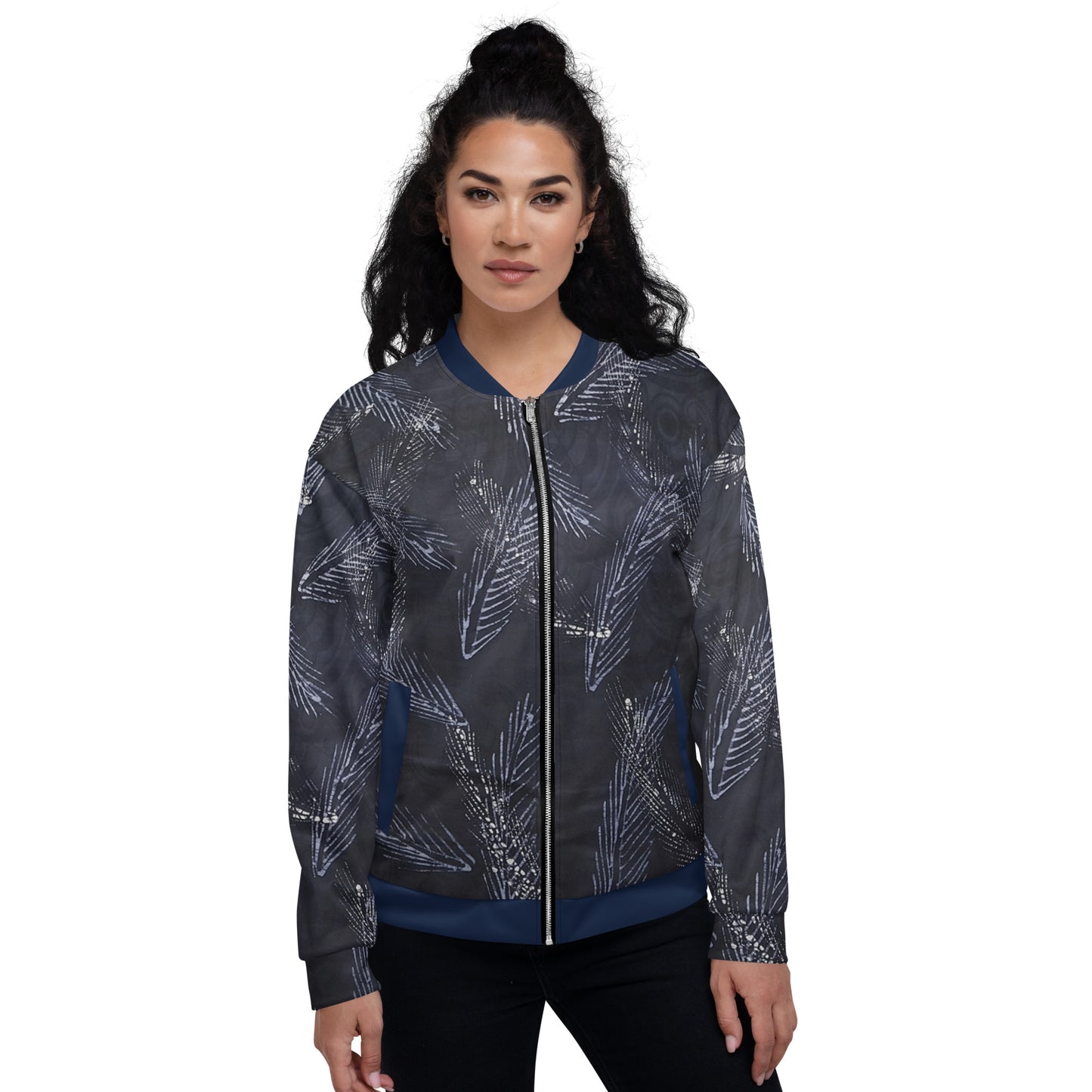 Dark Blue Leaf Adire Unisex Bomber Jacket