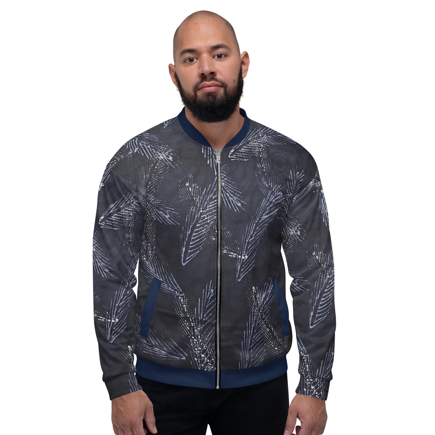 Dark Blue Leaf Adire Unisex Bomber Jacket